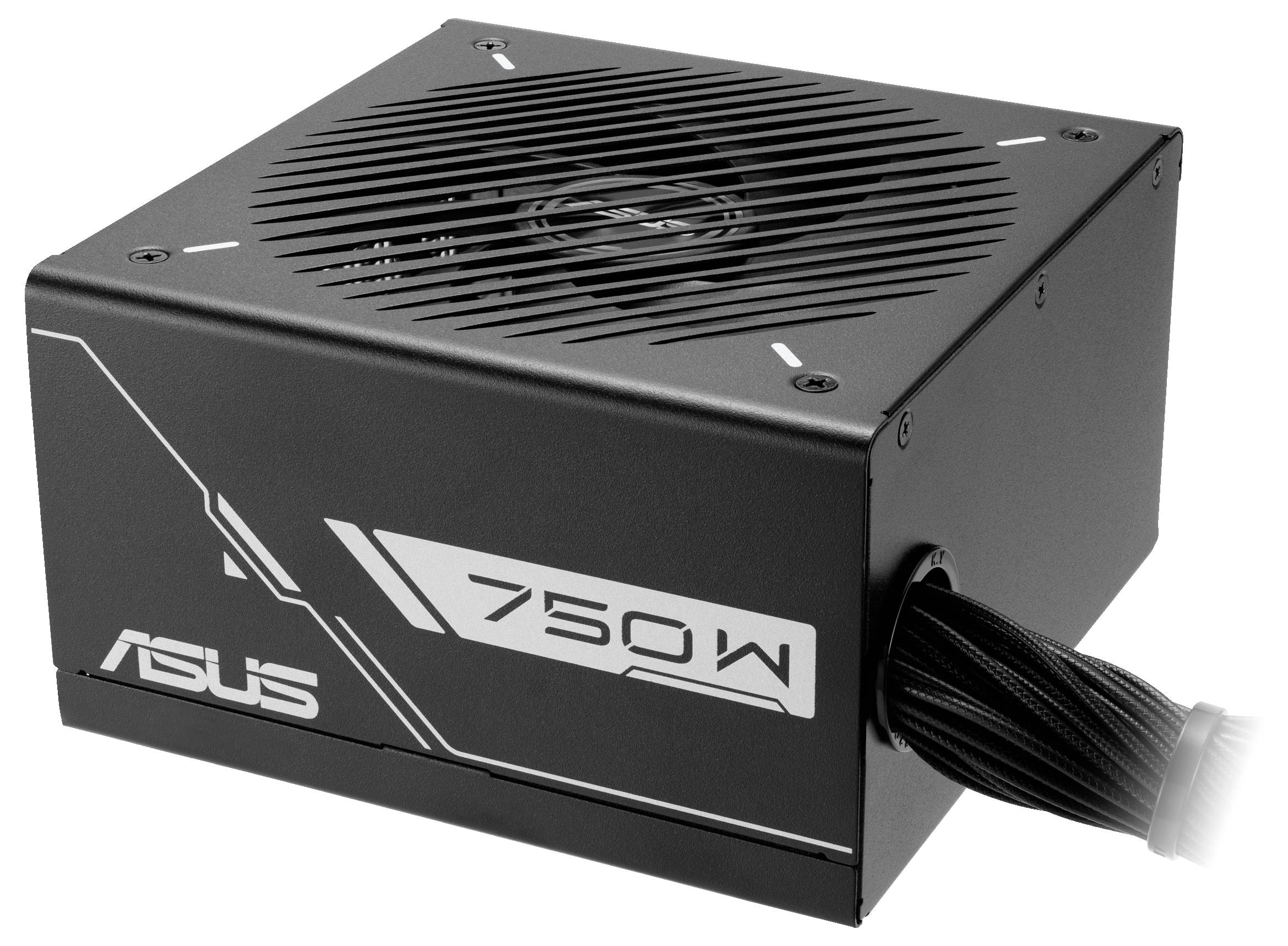 Schattenreiche Ansicht eines schwarzen ASUS 750W Netzteils mit Lüfter und Kabelbündel an der Seite, geeignet für Computer.