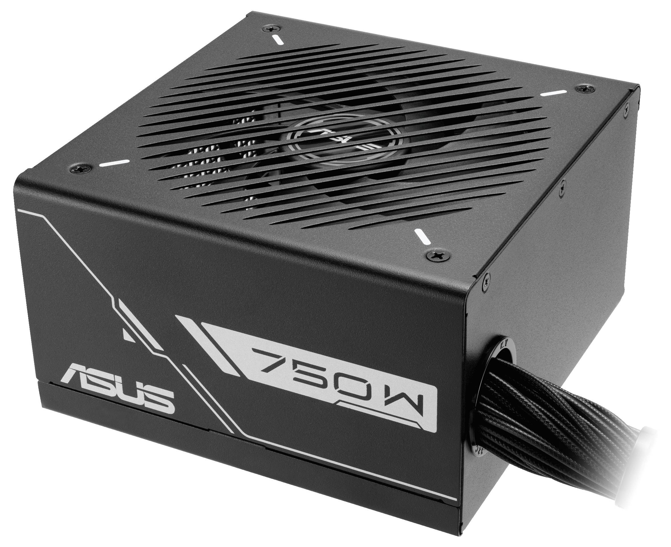 Schwarzes Asus 750W Netzteil, rechteckig mit Lüfter oben, Kabel bündig am Gehäuse befestigt.