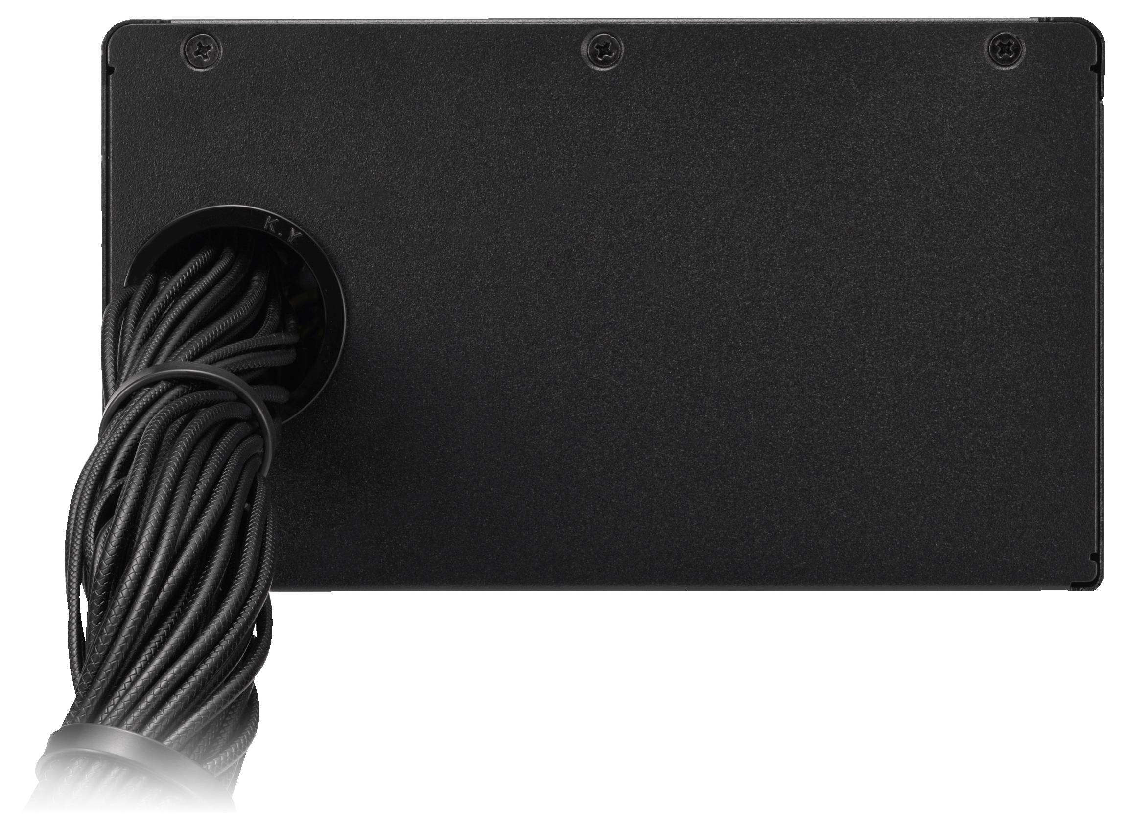 Ein schwarzes Modul mit mehreren Kabeln, die aus einer runden Öffnung auf der linken Seite kommen. Es scheint ein elektrisches Gerät oder Verteiler zu sein.