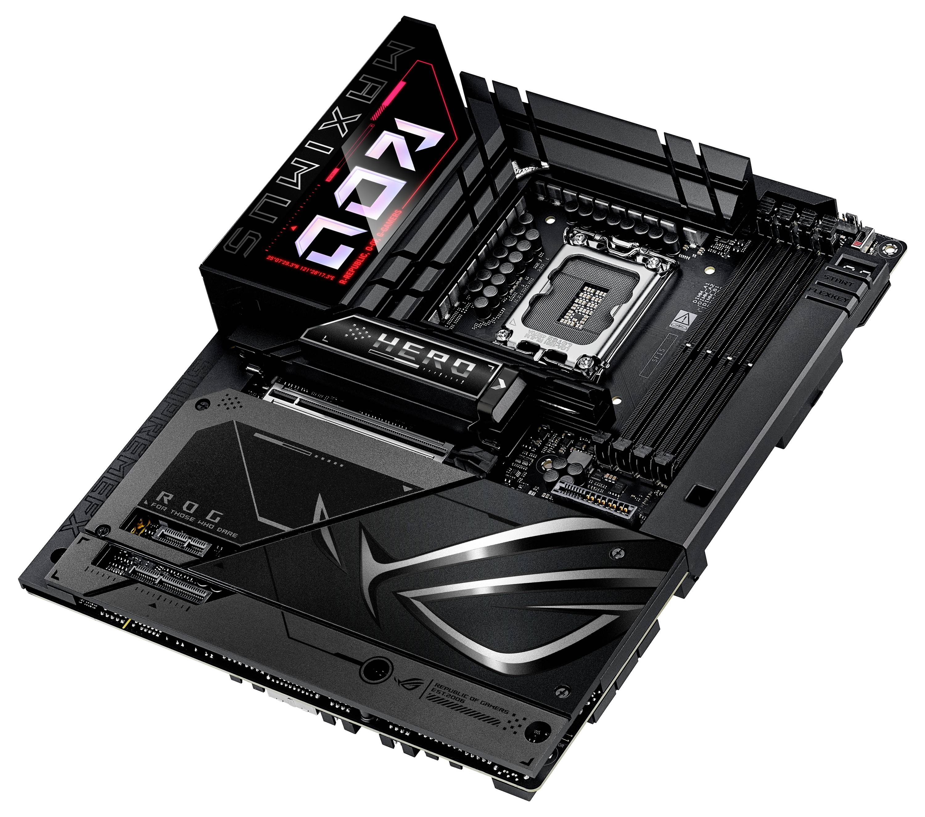 Ein schwarzes Motherboard mit leuchtendem Schriftzug 'ROG Maximus', zeigt verschiedene Anschlüsse und einen LGA-Sockel für CPUs.