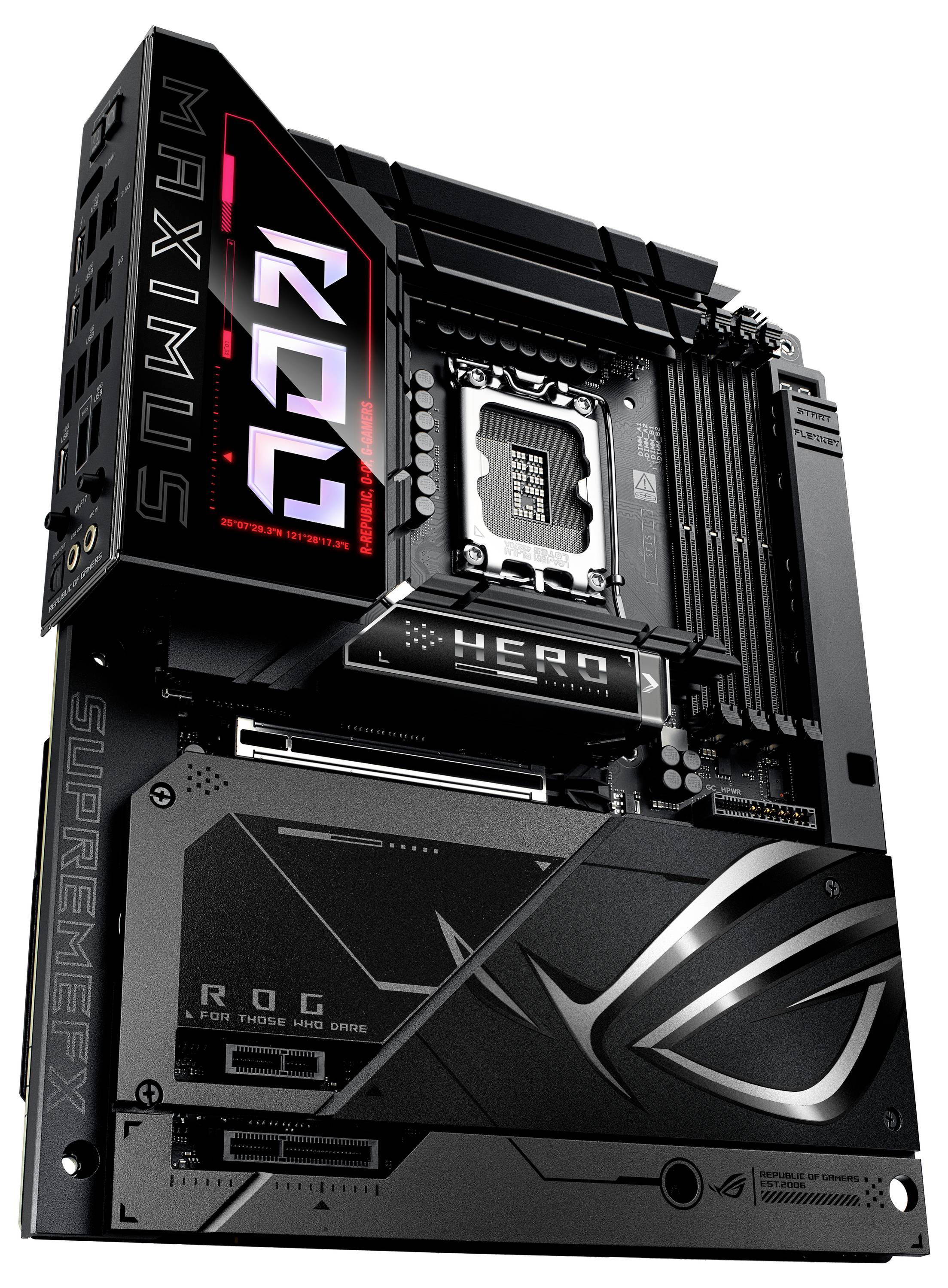 Mainboard mit schwarzen Kühlkörpern und RGB-Beleuchtung, Modell 'ROG Maximus Z690 Hero', für Gaming-PCs. CPU-Sockel und RAM-Steckplätze sichtbar.