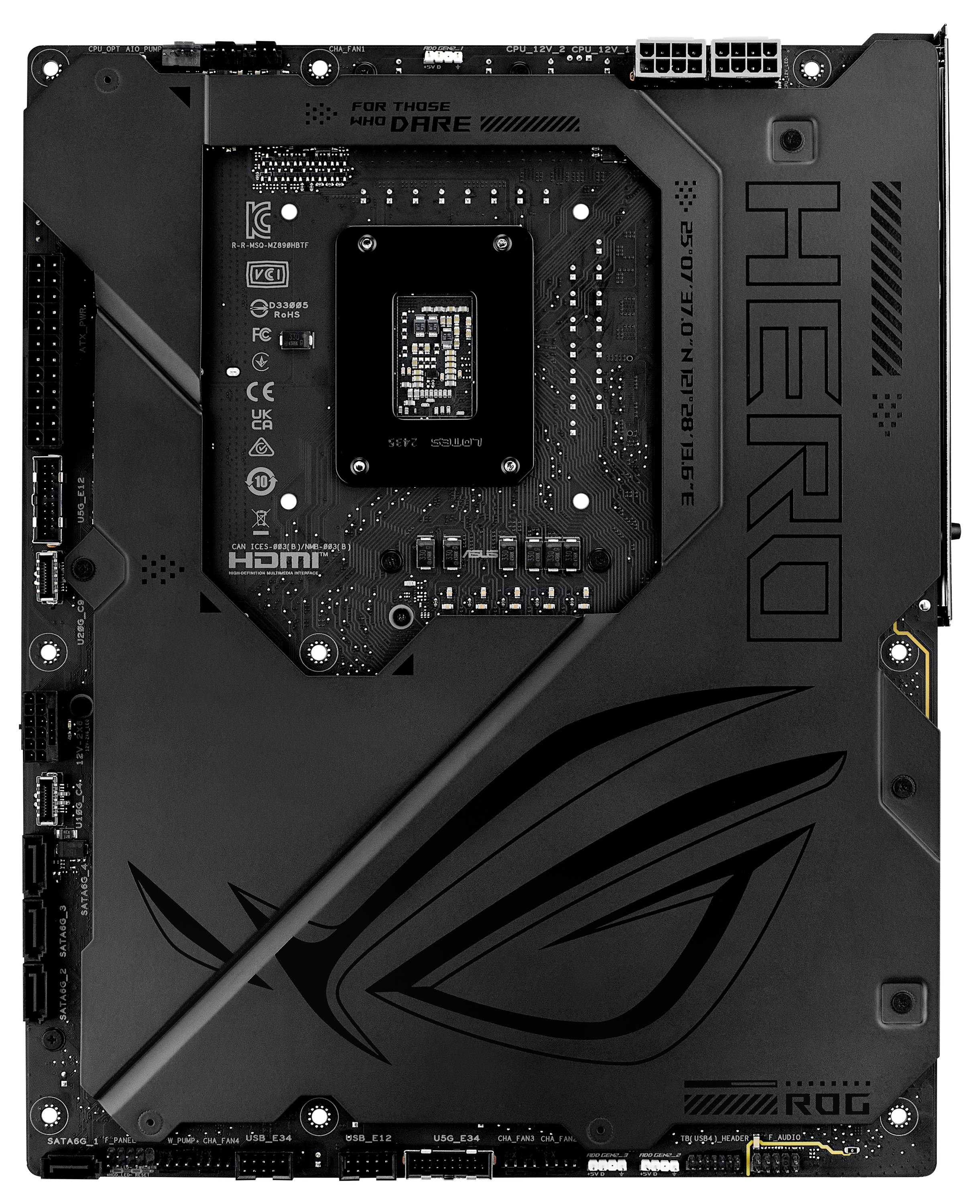 Ein schwarzes Computer-Motherboard mit dem Aufdruck 'HERO' und einem großen ROG-Logo. Mehrere Anschluss-Ports sind sichtbar.