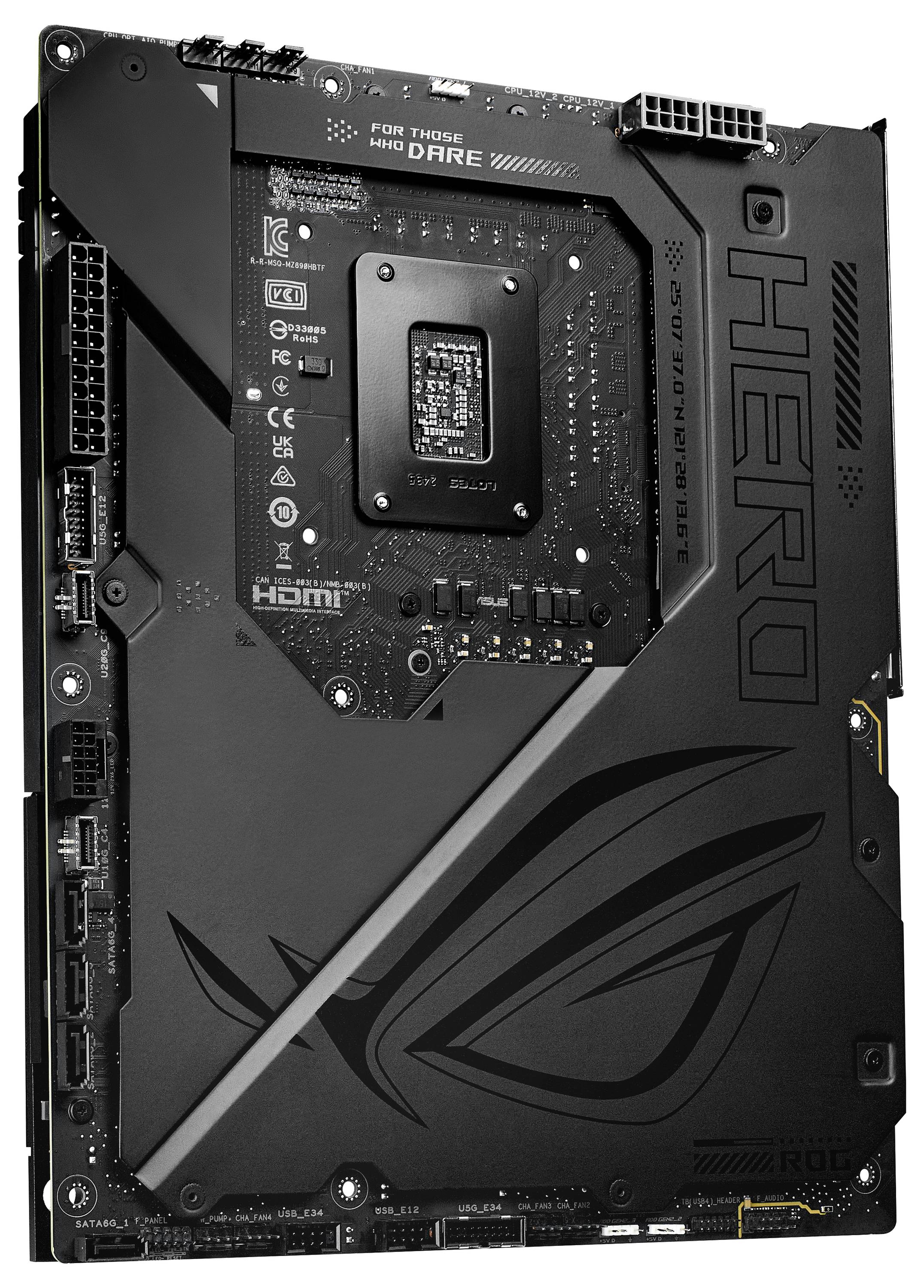 Eine schwarze Computer-Motherboard-Platine mit der Aufschrift 'HERO', verschiedenen Anschlüssen und einem stilisierten Logo.