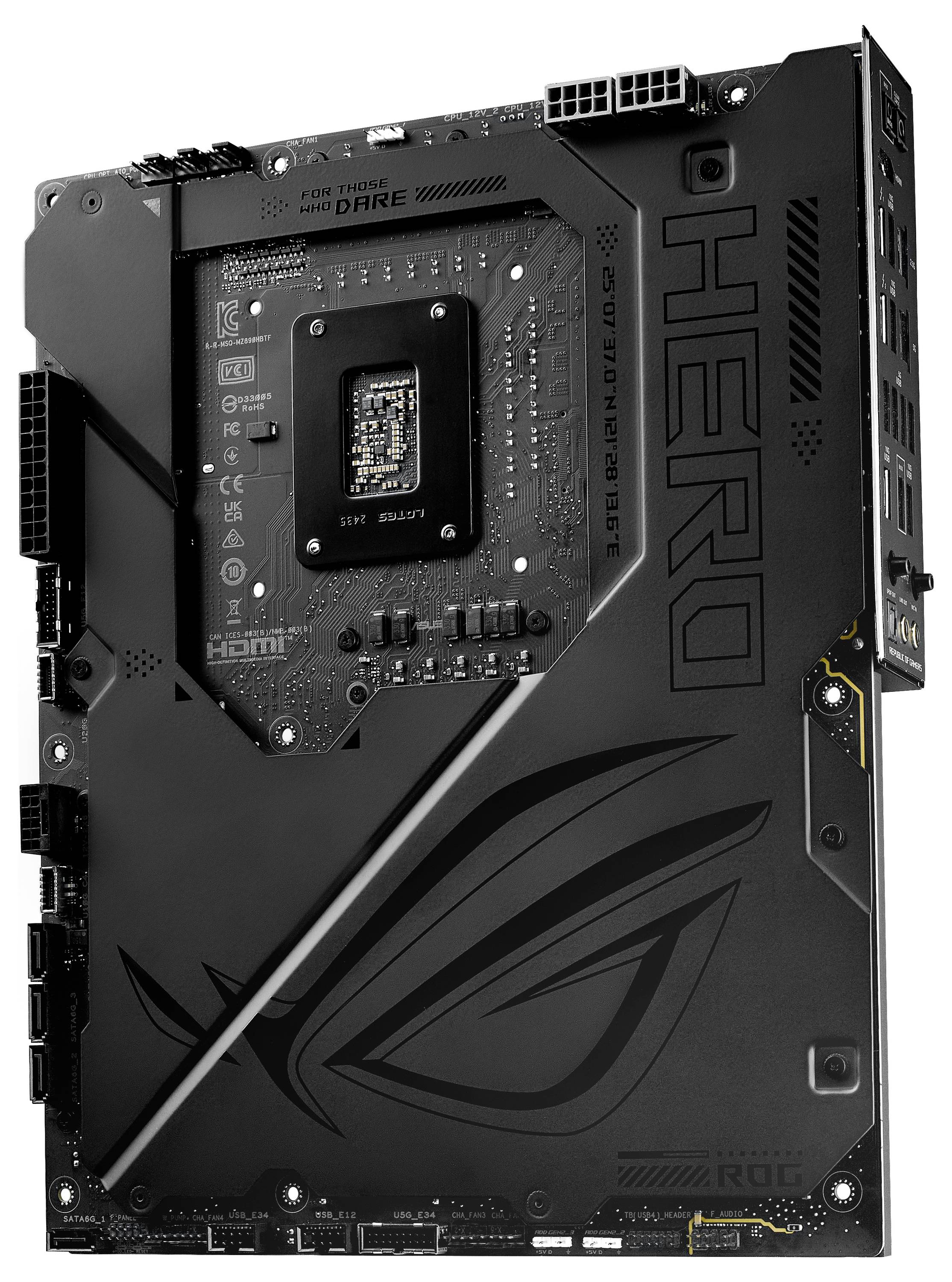 Schwarzes Motherboard mit dem Schriftzug 'HERO' und 'ROG'-Logo, geeignet für leistungsstarke Computer, zeigt Anschlüsse und Chipsatz.