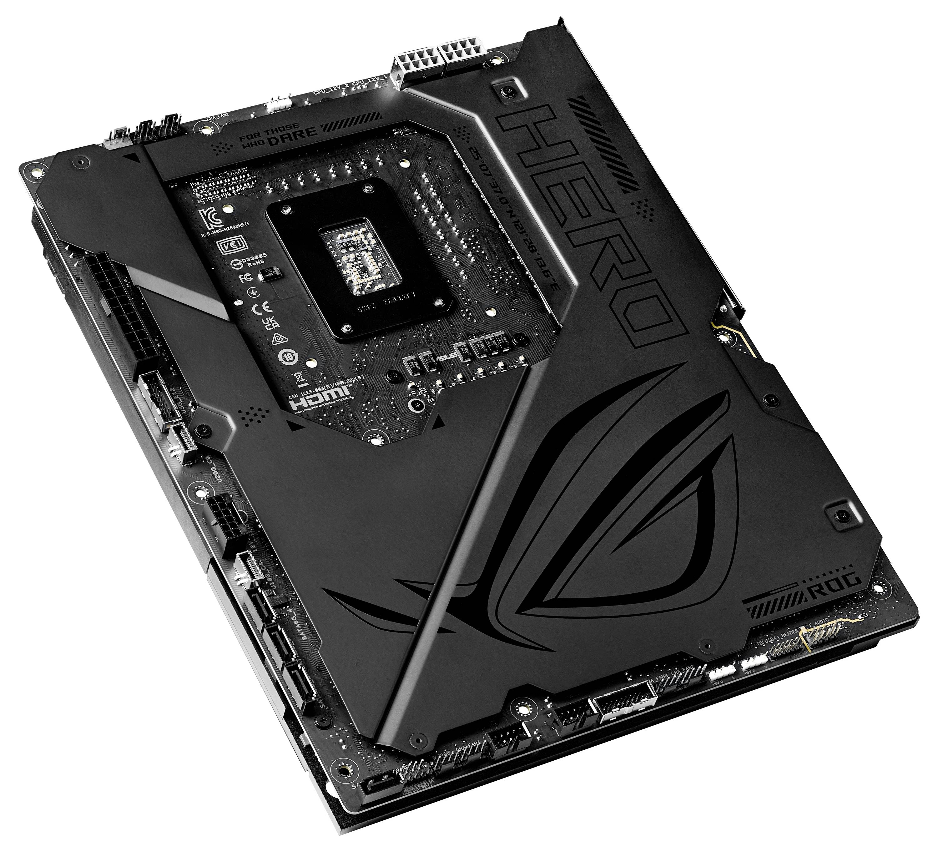 Schwarzes Computer-Motherboard mit markanten Kühlkörpern und Aufschriften 'HERO' und Logo. Enthält zahlreiche Anschlüsse und Steckplätze.