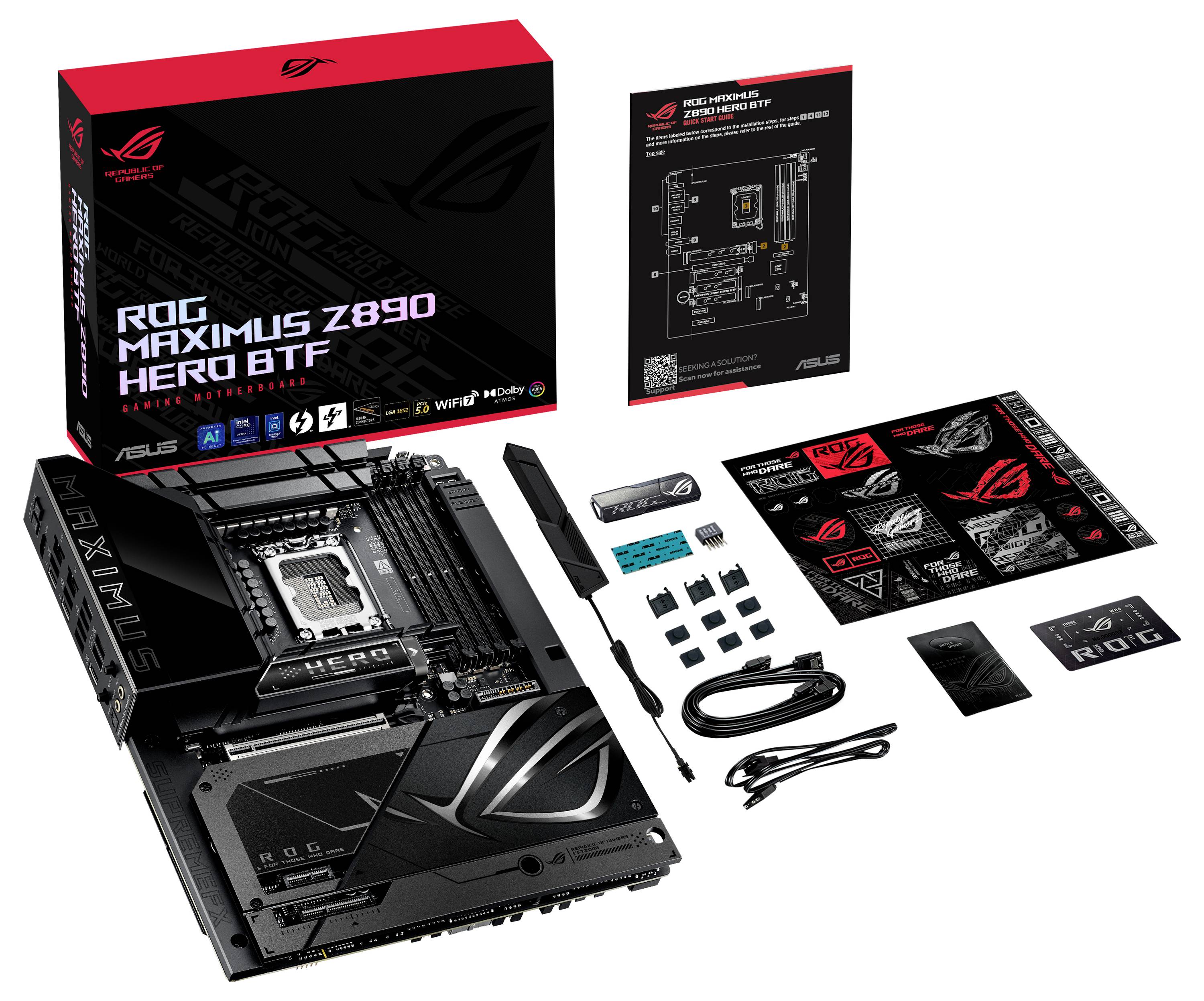 ASUS ROG Maximus Z690 Hero BTF Mainboard mit Zubehör auf weißem Hintergrund.