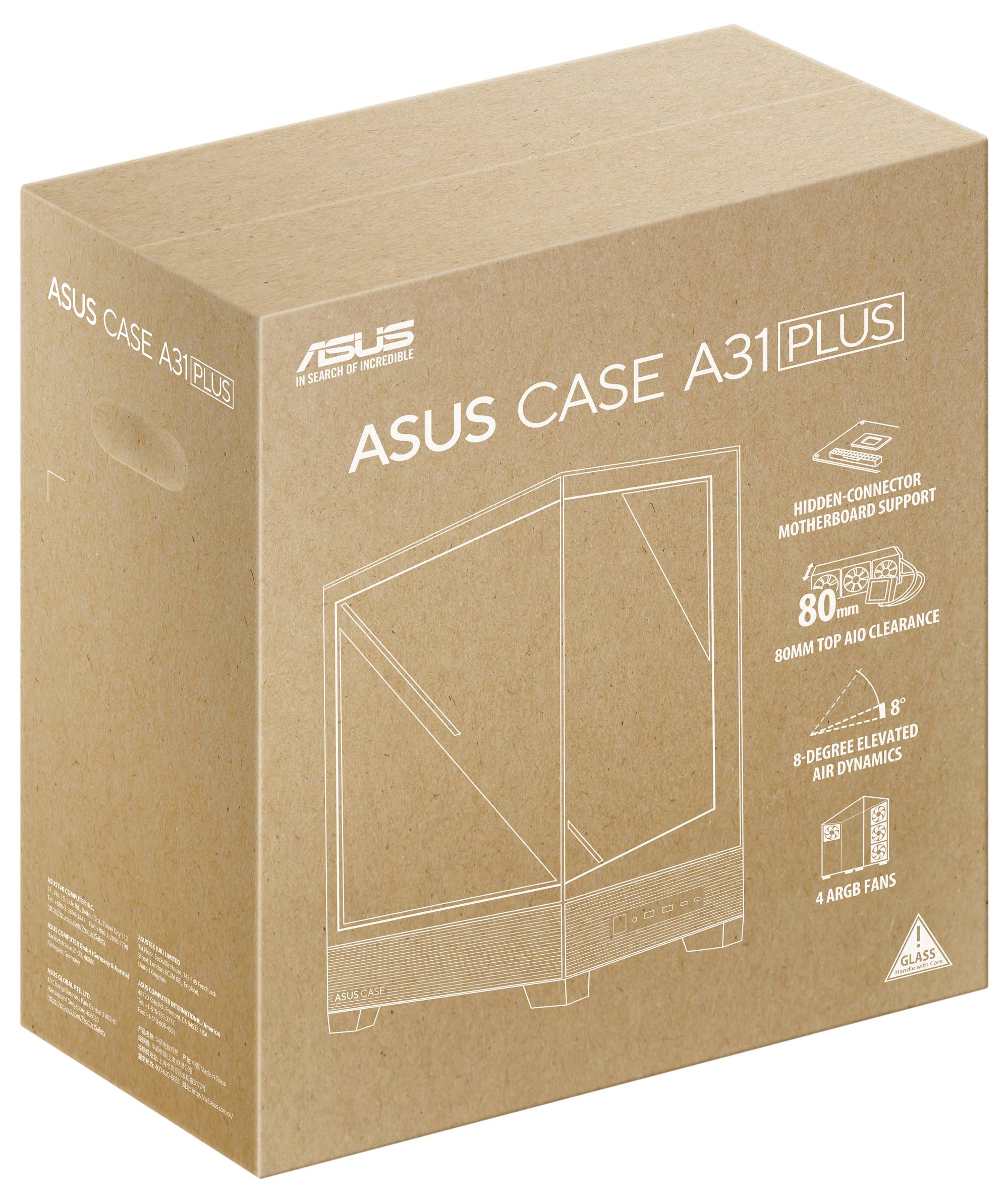 Verpackung des ASUS Case A31 Plus, zeigt skizziertes Computergehäuse mit Hauptmerkmalen: versteckter Anschluss, 80 mm Freiraum, 4 Lüfter.