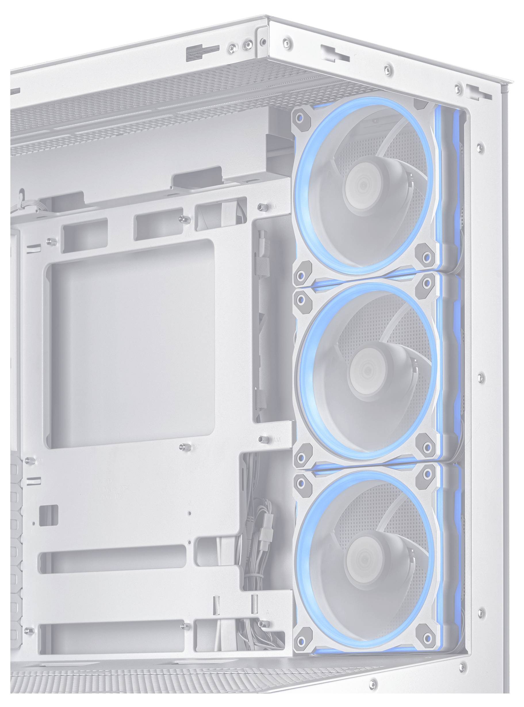 Ein offenes Computergehäuse mit drei beleuchteten Lüftern an der Vorderseite, geeignet für effiziente Kühlung und Installation von Hardware.