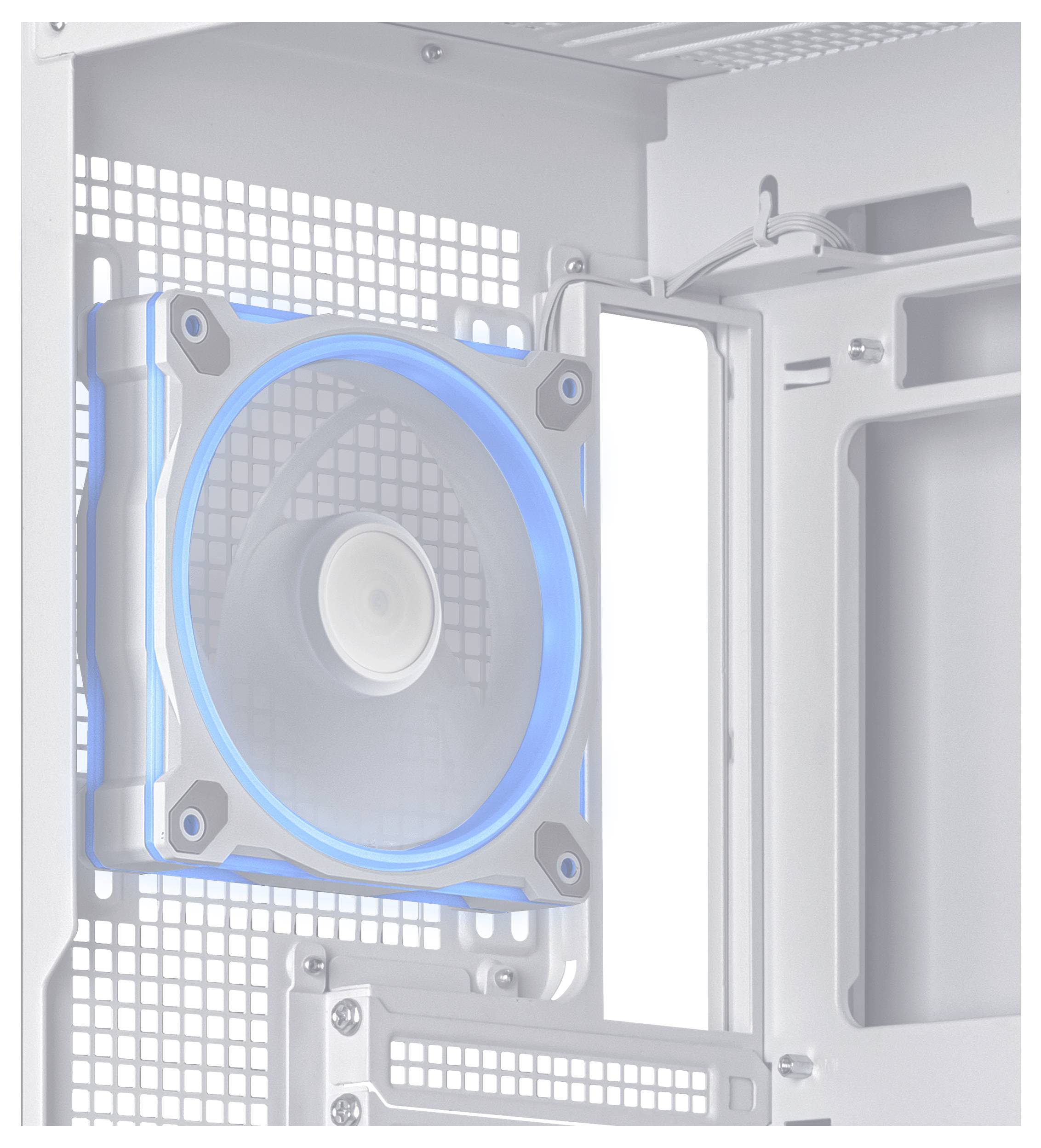 Ein leuchtender, blauer Lüfter ist in einem PC-Gehäuse montiert. Der Lüfter sorgt für Belüftung und Kühlung der Computerkomponenten.