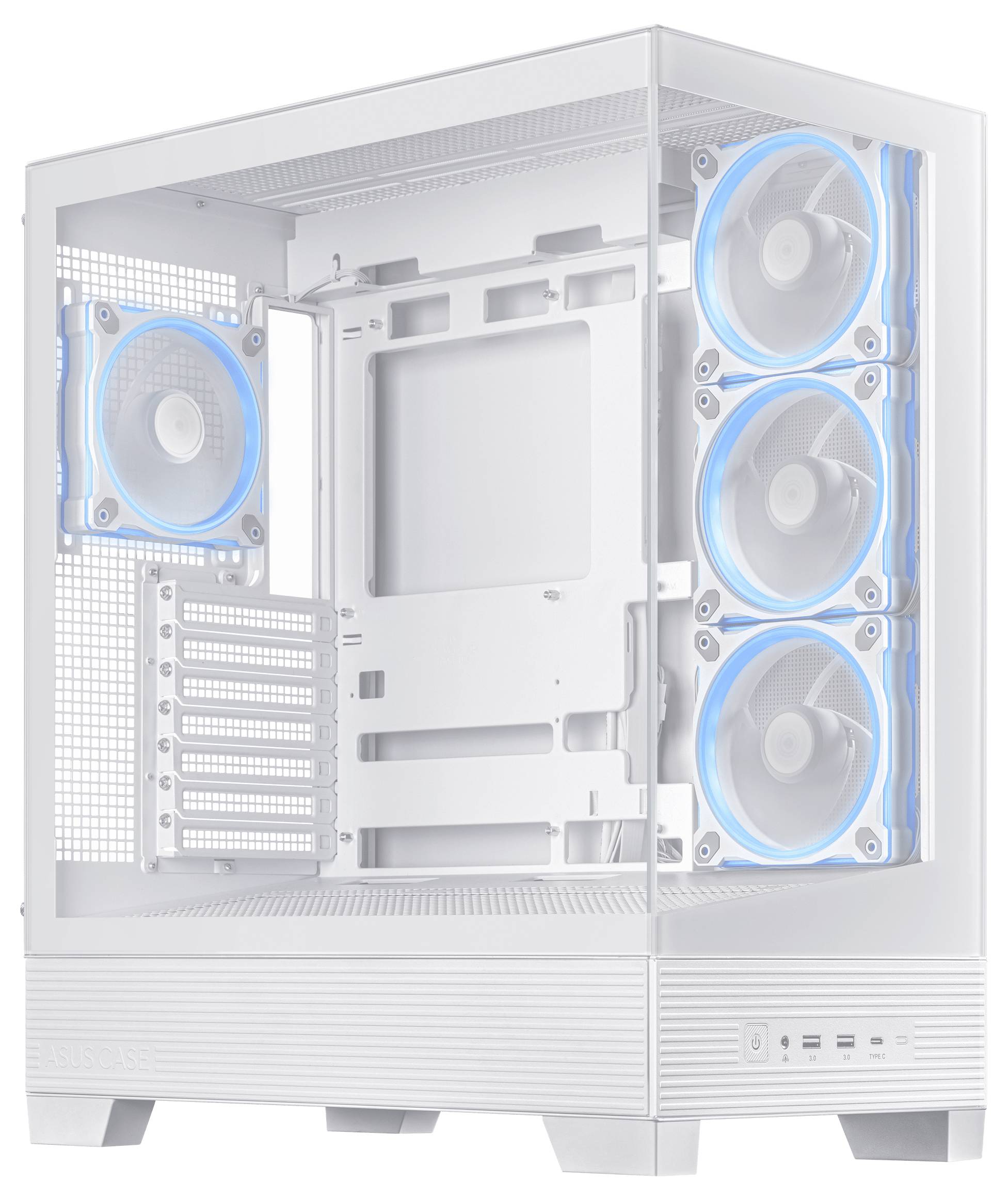 Ein weißes Computergehäuse mit vier eingebauten, blau beleuchteten Lüftern. Das Gehäuse ist offen und leer ohne zusätzliche Hardware.