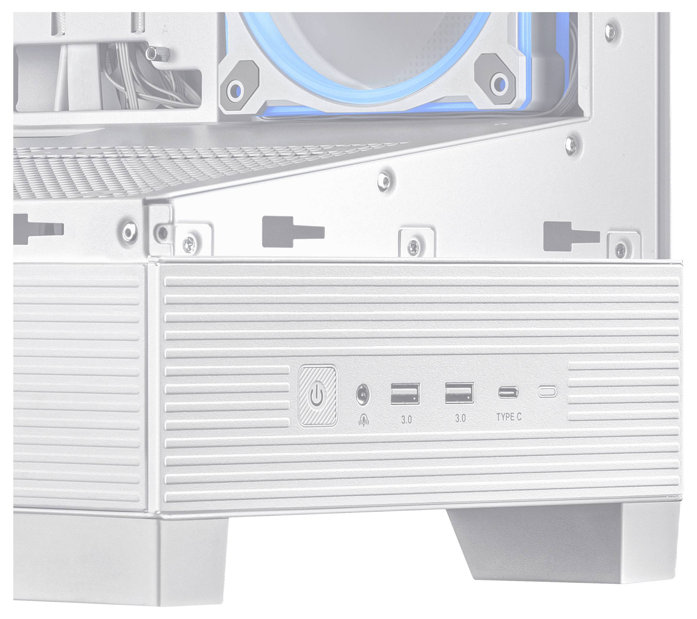 Detailaufnahme eines Computergehäuses mit hervorgehobenen USB-Anschlüssen, einem Power-Schalter und Lüftungsgittern.