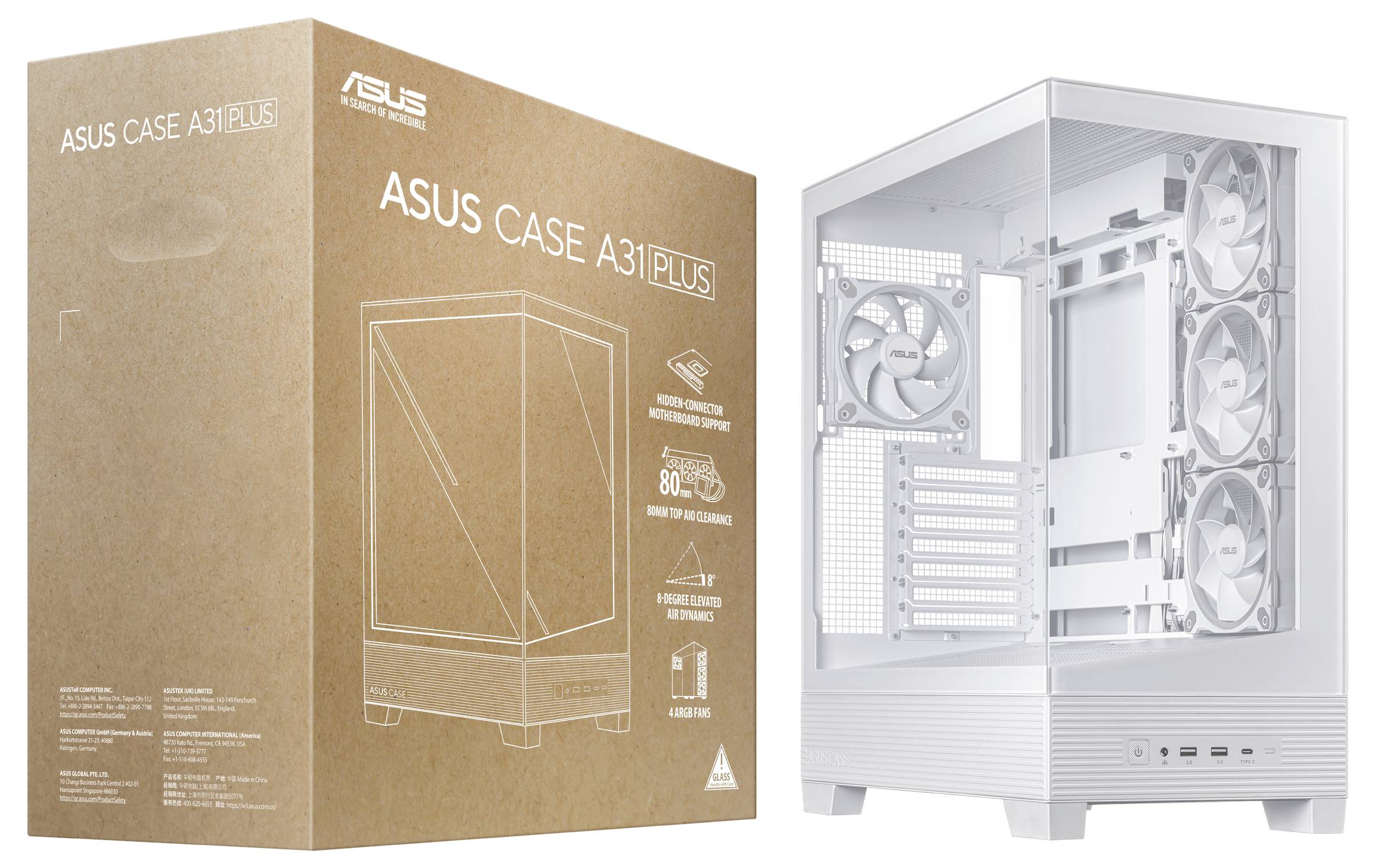 'ASUS Case A31 Plus' in Weiß und braunem Karton sichtbar; das Gehäuse hat drei Lüfter und ist für PCs geeignet.