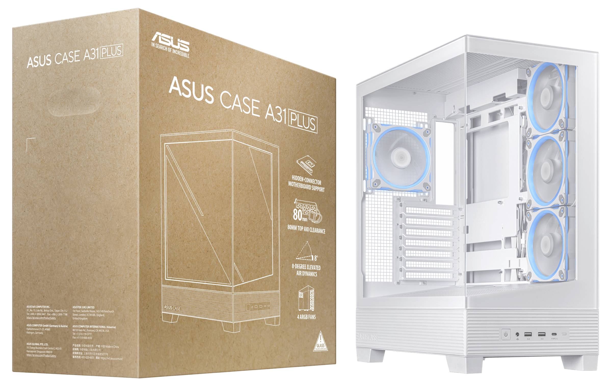 Computergehäuse 'ASUS Case A31 Plus' in Weiß mit blauen Lüftern, neben der Verpackung.