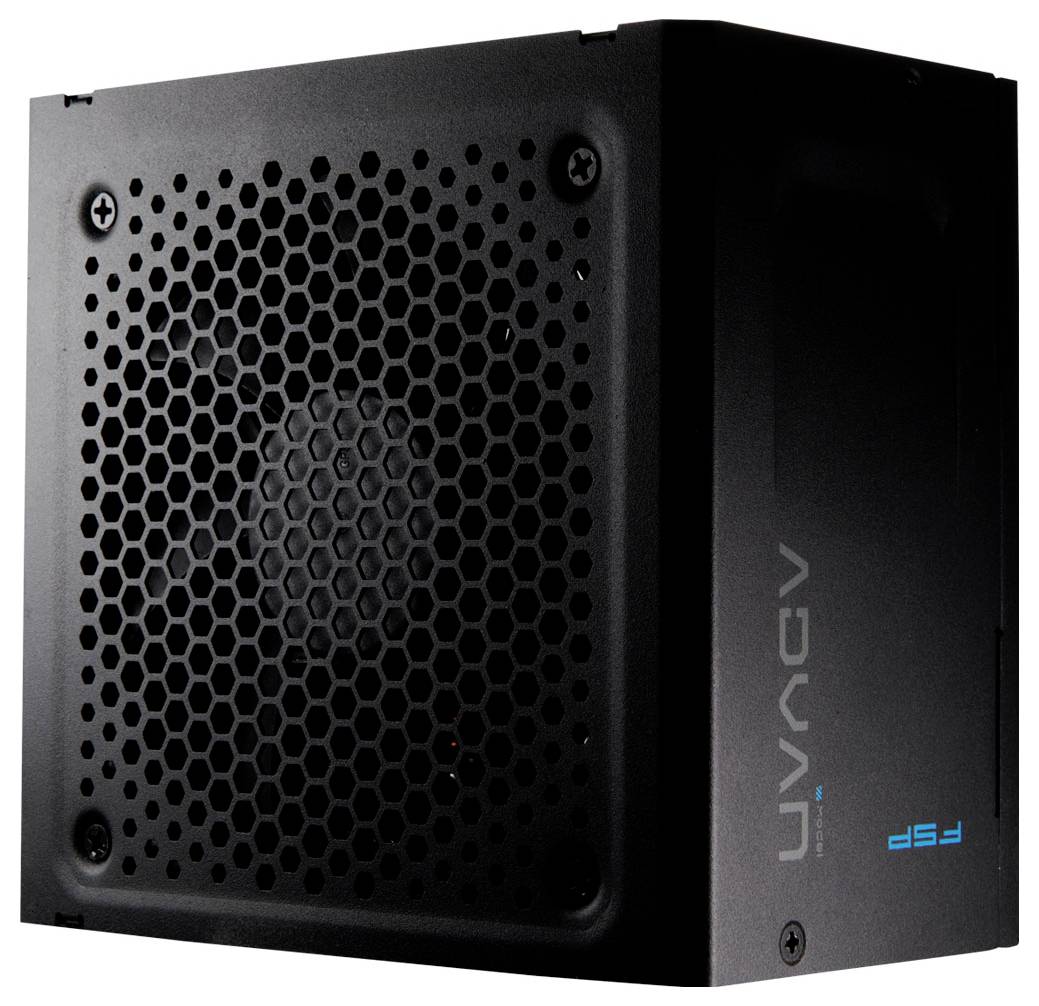 Schwarzes Computer-Netzteilgehäuse mit wabenförmiger Belüftung und vertikaler Beschriftung.