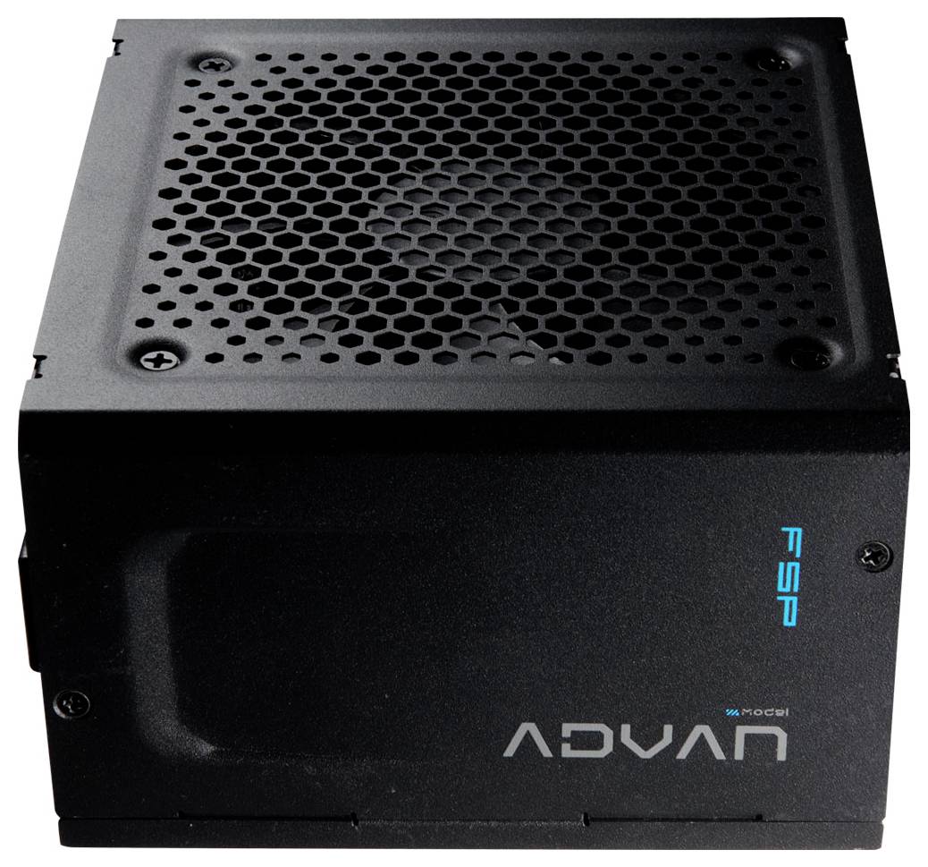 Ein schwarzes Computernetzteil mit Lüftungsgitter oben und den Aufschriften 'ADVAN' und 'FSP' auf der Seite.