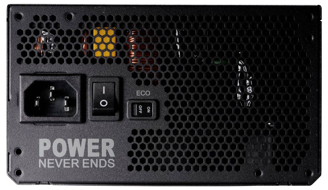 Ein schwarzes Computernetzteil mit der Aufschrift 'Power Never Ends', einem Netzschalter und einem ECO-Schalter.