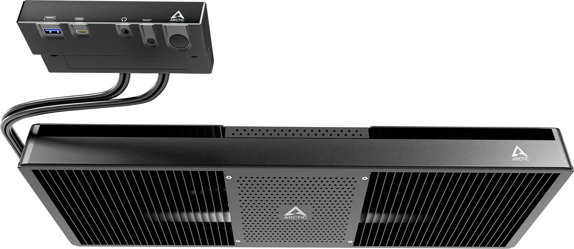 Lüfter in rechteckiger Form, mit zwei runden Lüftungsgittern und Steuermodul mit USB-Anschluss, Tasten und Kabeln.