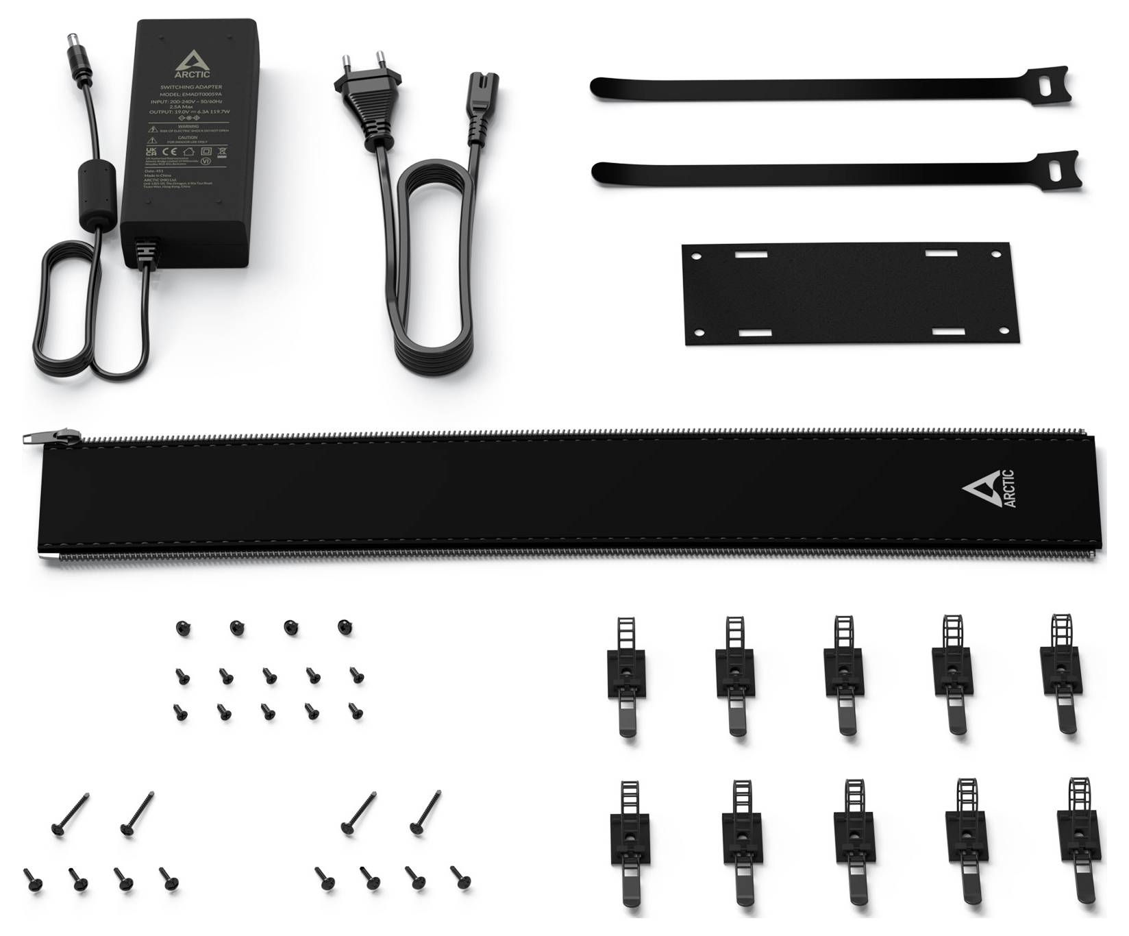 Netzteil, zwei Kabelbinder, Montageschiene, Schrauben und 12 Haken in verschiedenen Teilen dargestellt. Zubehör für Montagezwecke.