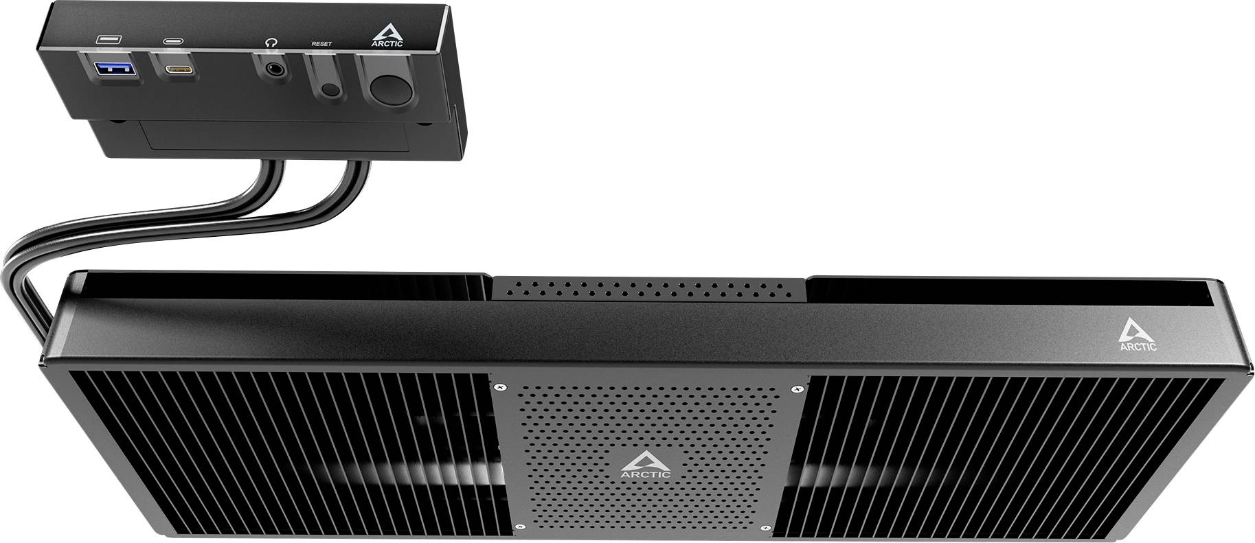 Ein Lüftungssystem mit rechteckigem Gehäuse und seitlicher Steuereinheit, verbunden durch Kabel, bietet moderne Steuerfunktionen.