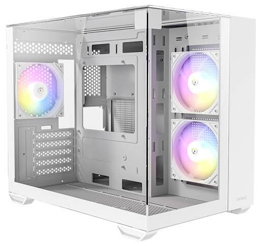 Ein weißes PC-Gehäuse mit transparentem Seitenpanel zeigt installierte Lüfter mit RGB-Beleuchtung.