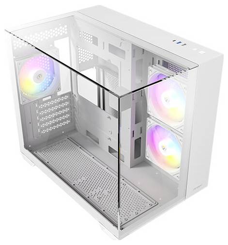 Ein weißes Computergehäuse mit transparentem Seitenteil und drei leuchtenden Lüftern, ideal für PC-Bauprojekte.