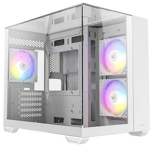 Ein weißes Computergehäuse mit transparentem Seitenpanel zeigt interne Komponenten. Zwei Lüfter leuchten mit RGB-Farben.