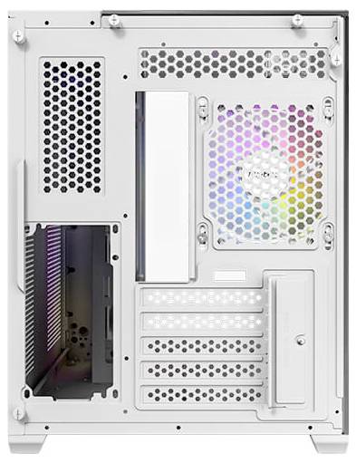 Rückseite eines Computergehäuses mit mehreren Lüftungsgittern und einem beleuchteten Lüfter. Links sind Erweiterungssteckplätze zu sehen.
