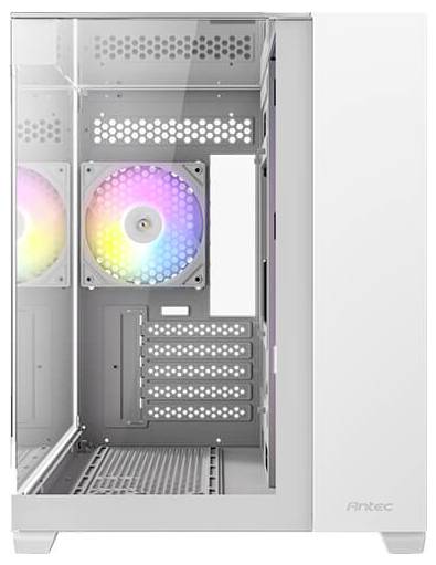 Computergehäuse mit transparentem Seitenpanel, zeigt RGB-Lüfter im Inneren. Designed für PC-Bau und effiziente Kühlung.
