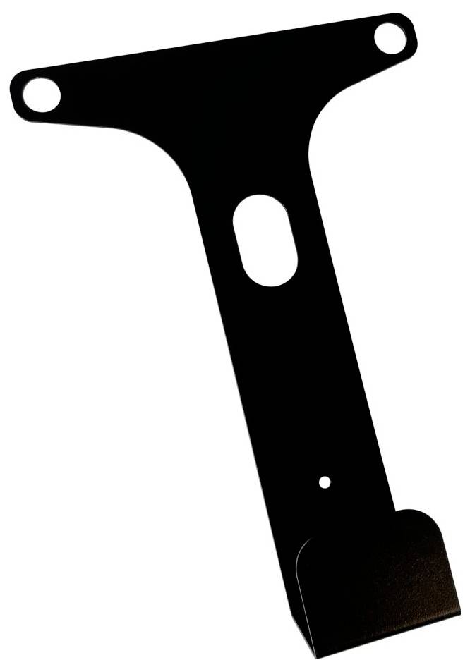 Ein schwarzer, T-förmiger Metallhalter mit zwei oberen Befestigungslöchern und einer ovalen Aussparung in der Mitte.