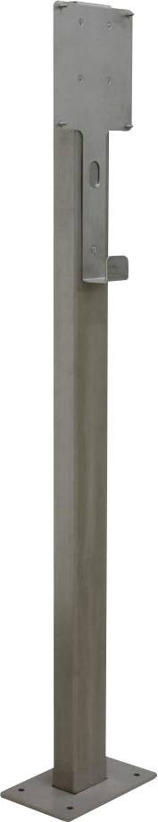 Metallpfosten mit Bodenplatte, geeignet für die Befestigung von Strukturen oder Schildern, steht aufrecht auf flachem Boden.
