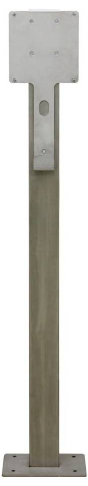 Metallischer Standfuß mit rechteckiger Basis und Platte oben. Geeignet zur Befestigung von Schildern oder Displays.