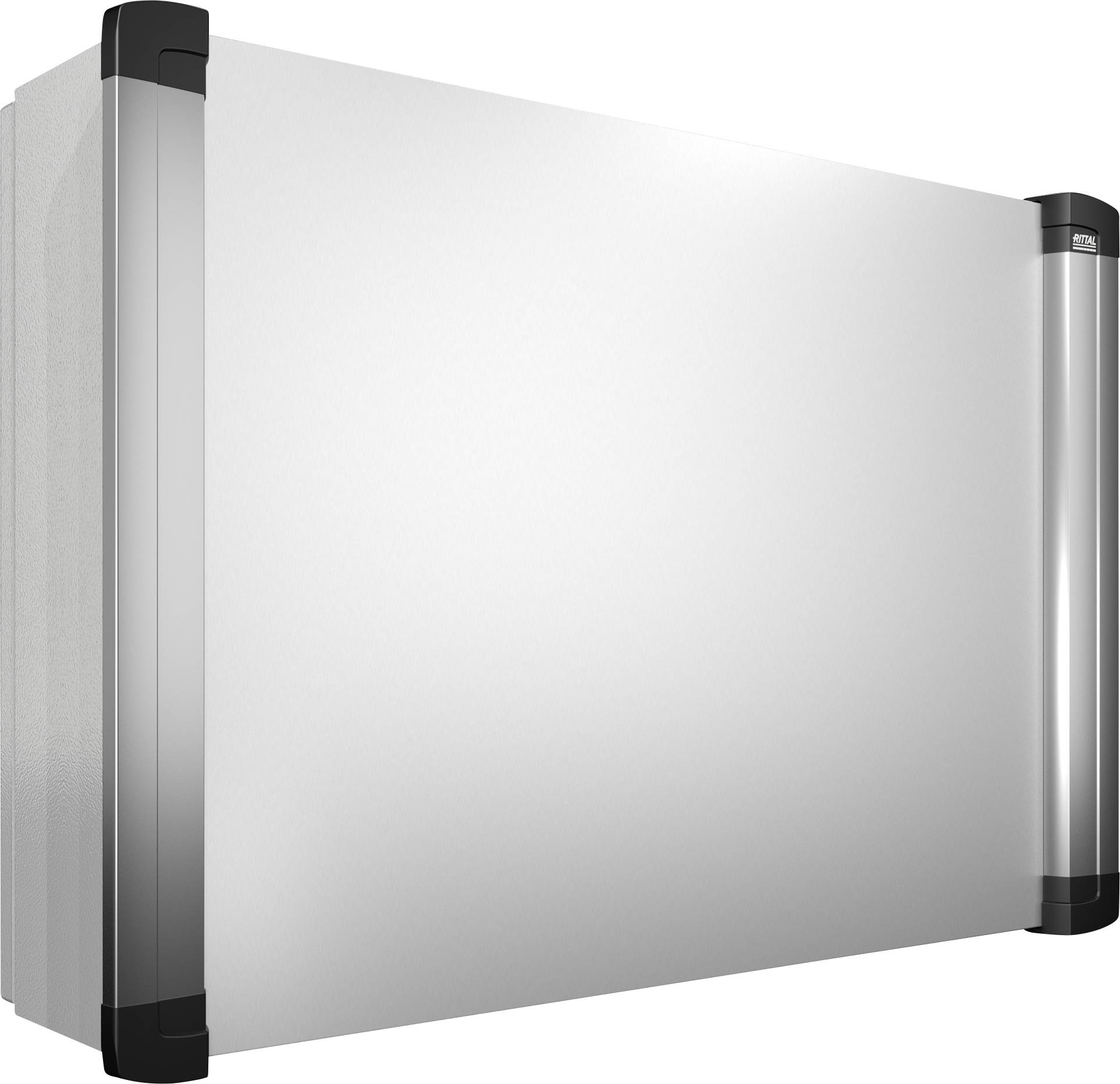 Weiße, rechteckige Schreibtafel mit abgerundeten schwarzen Ecken. Ideal für Notizen oder Präsentationen in Büros oder Schulklassen.