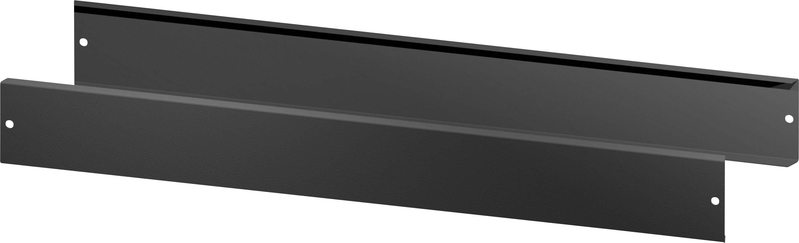 Zwei schwarze Metallwinkel mit Schraublöchern an den Enden, angeordnet auf einem hellen Hintergrund.