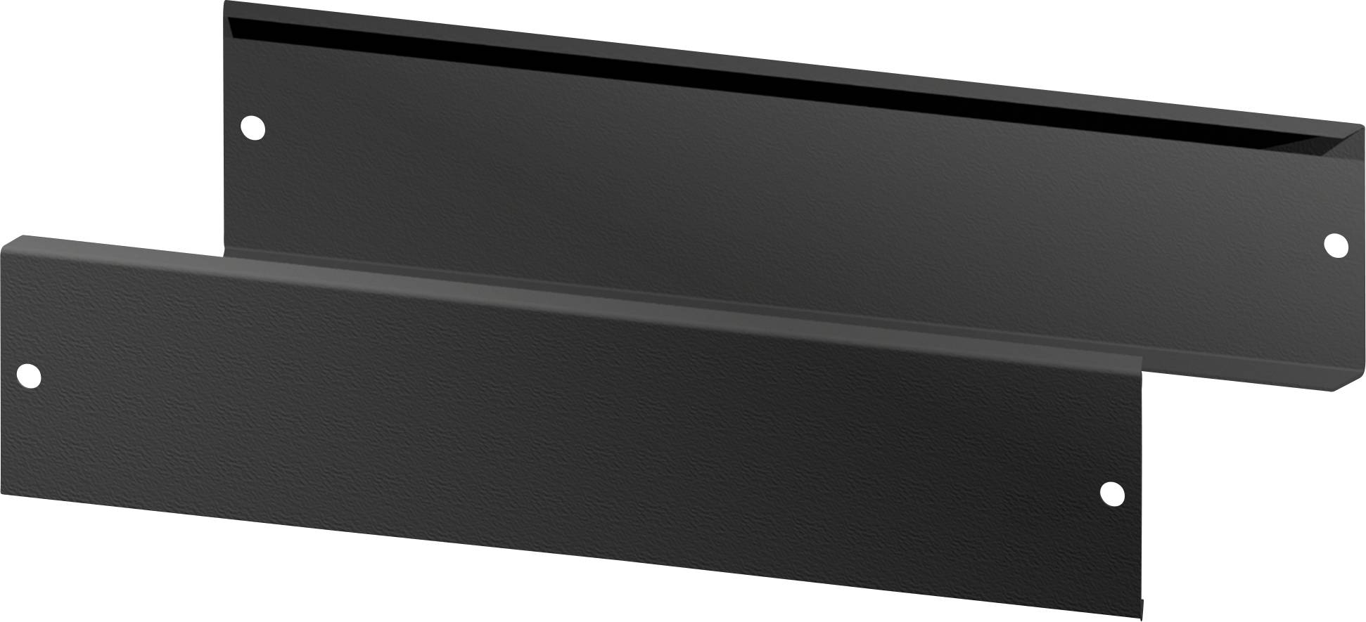 Zwei schwarze, rechteckige Metallplatten mit Löchern an den Ecken, übereinander angeordnet.