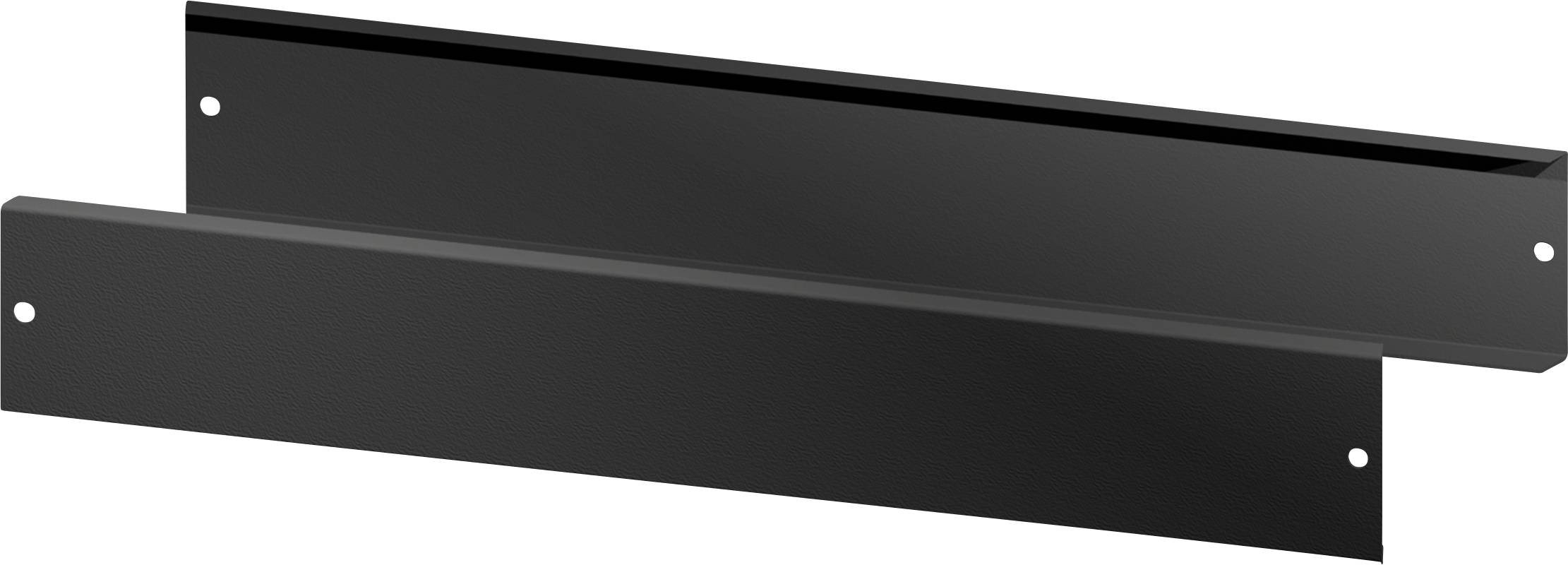 Zwei schwarze Blenden mit je zwei Löchern an den Enden, möglicherweise zur Montage in einem Gestell oder Schrank.