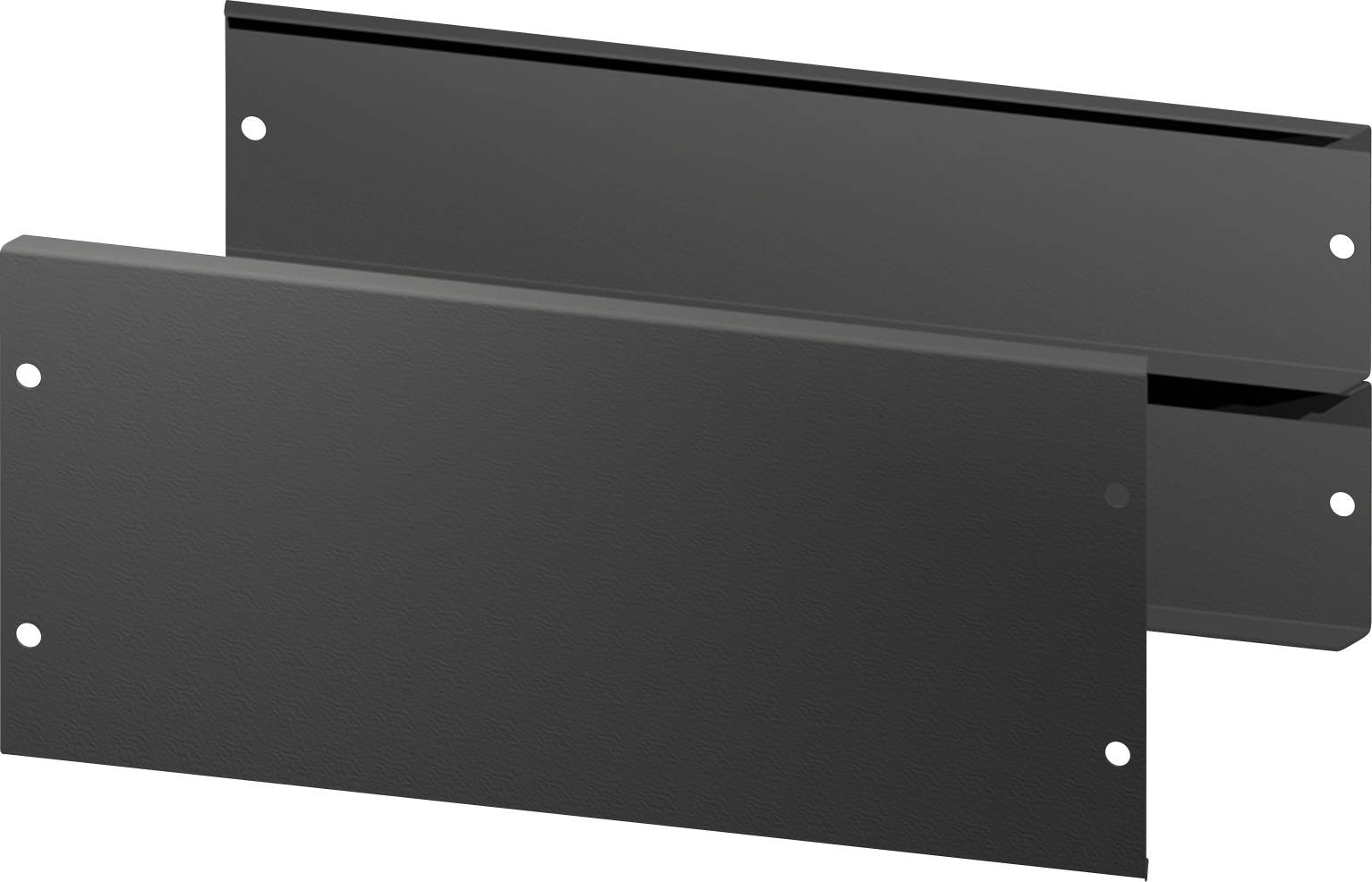 Schwarze, rechteckige Metallplatten mit vorgebohrten Löchern in den Ecken, möglicherweise Teil eines Montagesets oder Gehäuses.