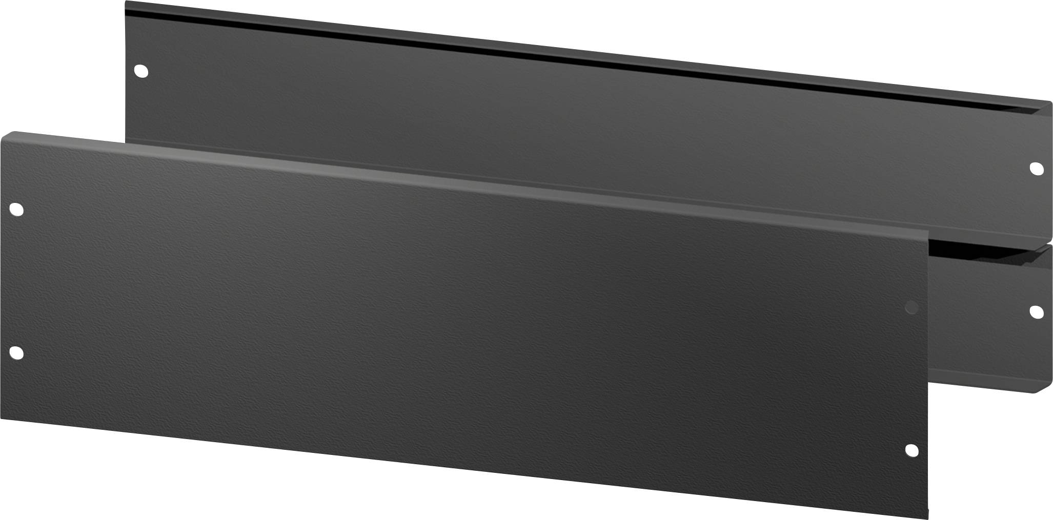 Zwei rechteckige, schwarze Metallplatten mit Bohrlöchern an den Ecken, stehen nebeneinander und leicht versetzt.