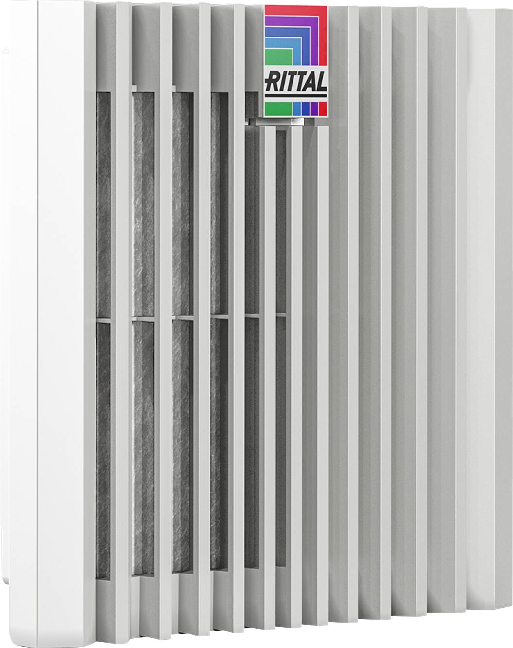 Ein weißer Kühlmittel-Lüfter mit vertikalem Lamellendesign und einem roten, blauen und grünen Logo rechts oben.