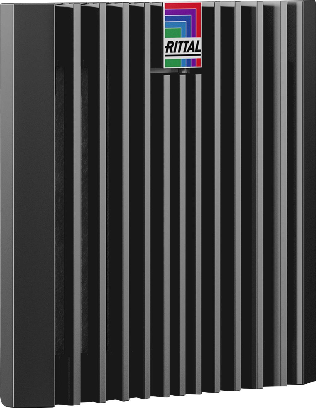 Schwarzes, geripptes Kühlgerät mit 'Rittal'-Logo oben. Gerätedesign zeigt vertikale Lamellen zur Optimierung der Wärmeabgabe.