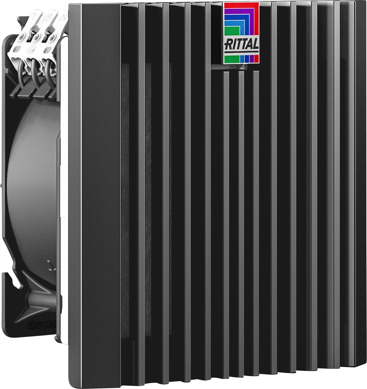 Ein schwarzes technisches Gerät mit Kühlrippen und einem kleinen Logo oben. Es scheint ein elektrisches Bauteil zu sein.