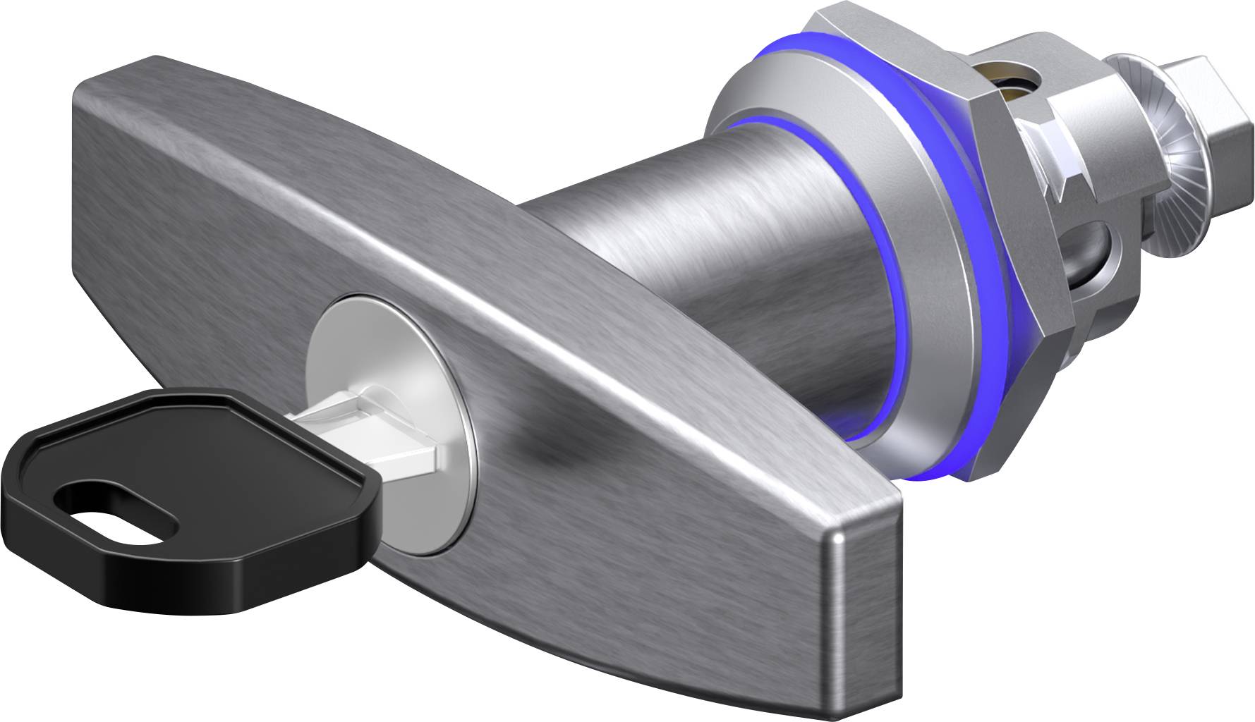 Metallschloss mit eingesetztem Schlüssel. Das Schloss hat eine längliche Form, besteht aus silbernem Metall und zeigt blaue Akzente.