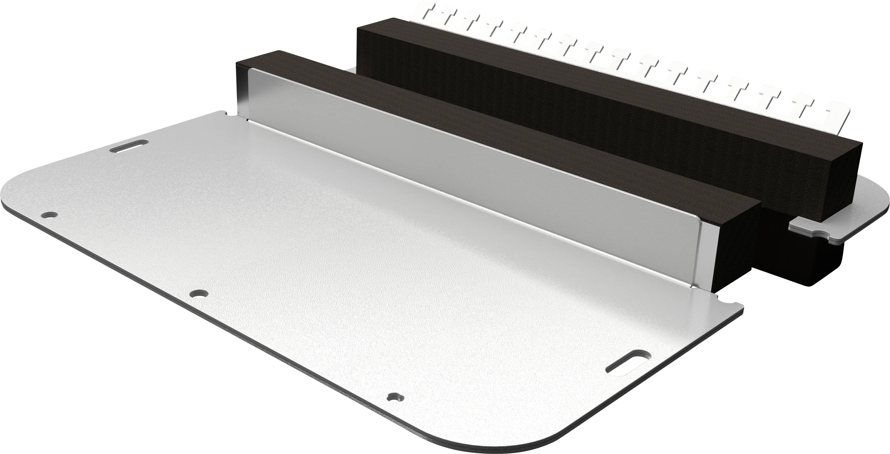 Metallrahmen mit angeschrägten Kanten und schwarzen Kunststoffkomponenten. Könnte Teil einer mechanischen oder technischen Vorrichtung sein.