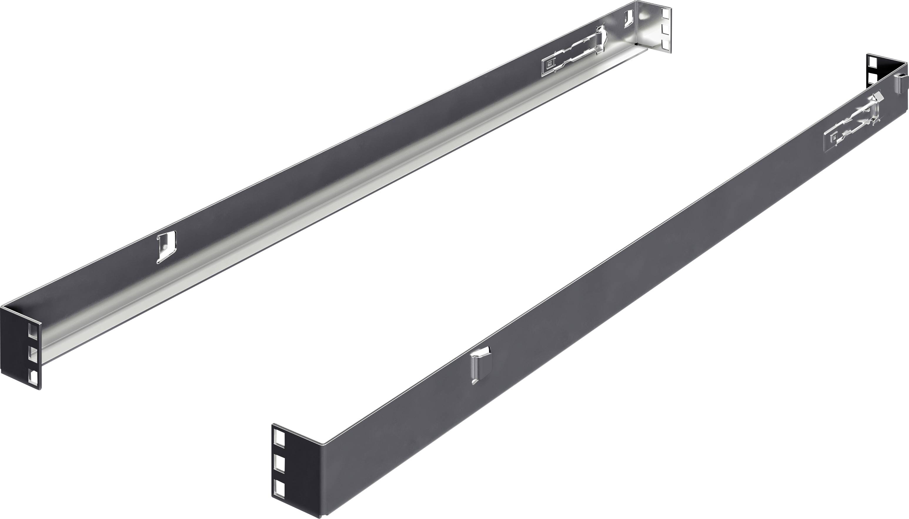 Zwei schwarze Metallkabeltrassen, vertikal nebeneinander angebracht, für die organisierte Verlegung von Kabeln in einem Standgehäuse.