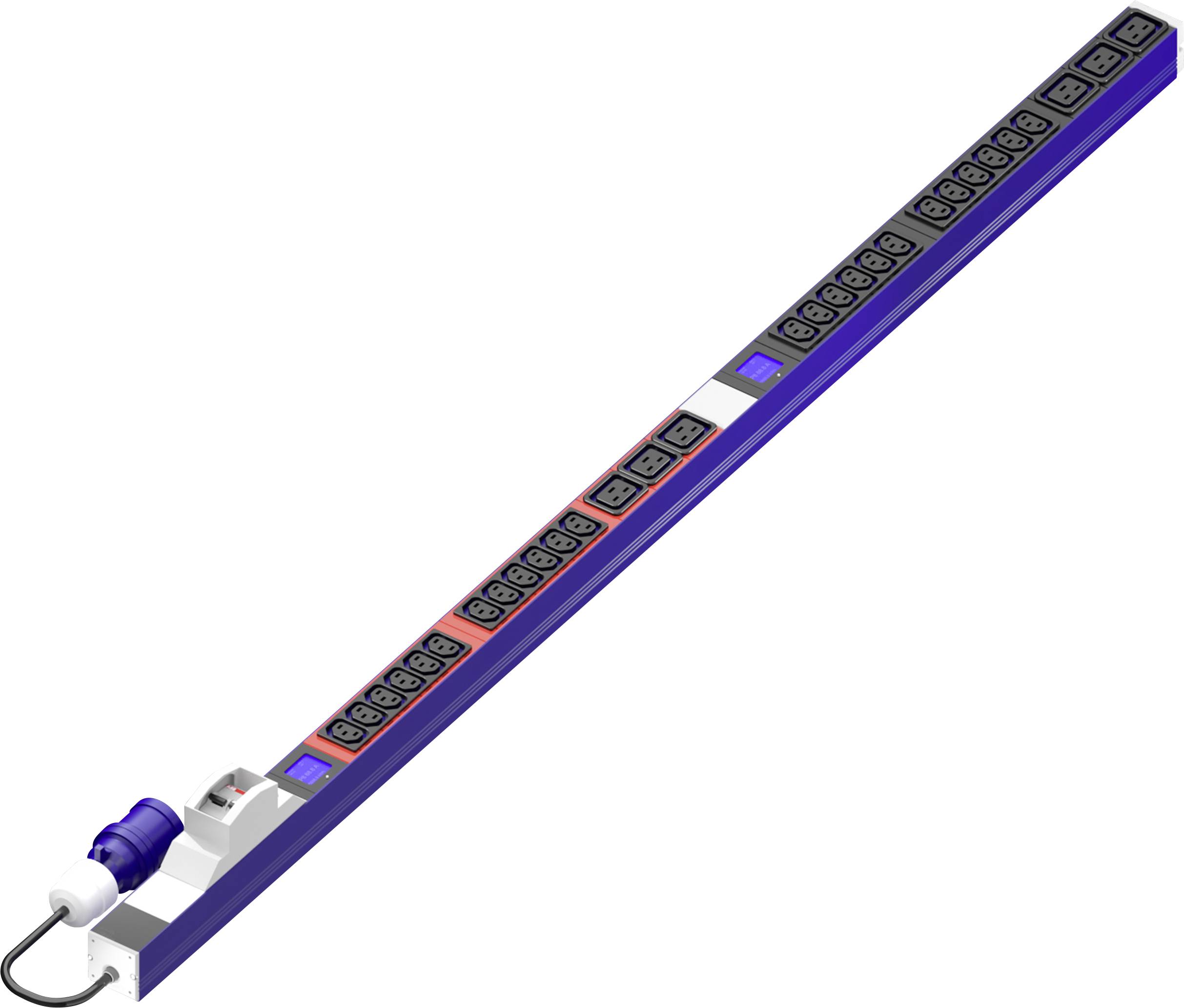 Mehrfachsteckdose mit 24 Steckplätzen in Reihen angeordnet, in Metallgehäuse, mit blauem Steckeranschluss.