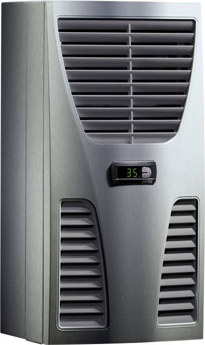 Ein metallener Luftkühler mit Lüftungsschlitzen und Temperaturanzeige zeigt '35' an.