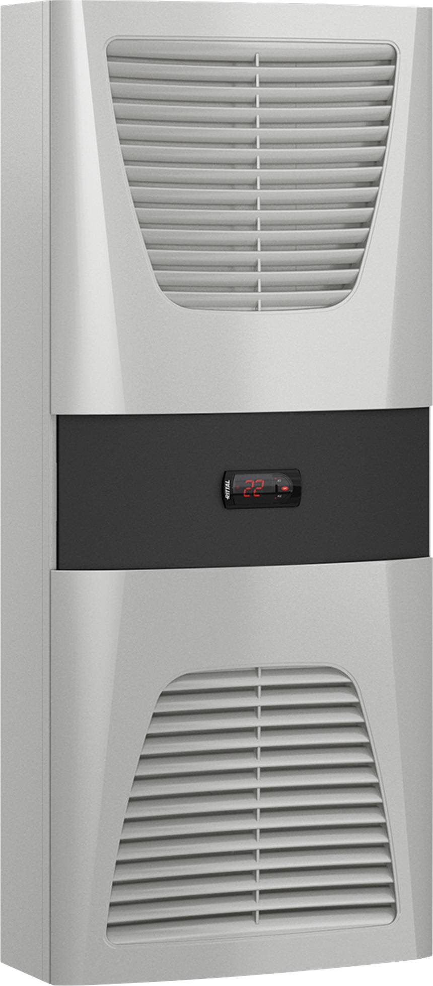 Ein modernes silbernes Klimagerät für die Wandmontage mit digitaler Temperaturanzeige auf 22 Grad eingestellt.