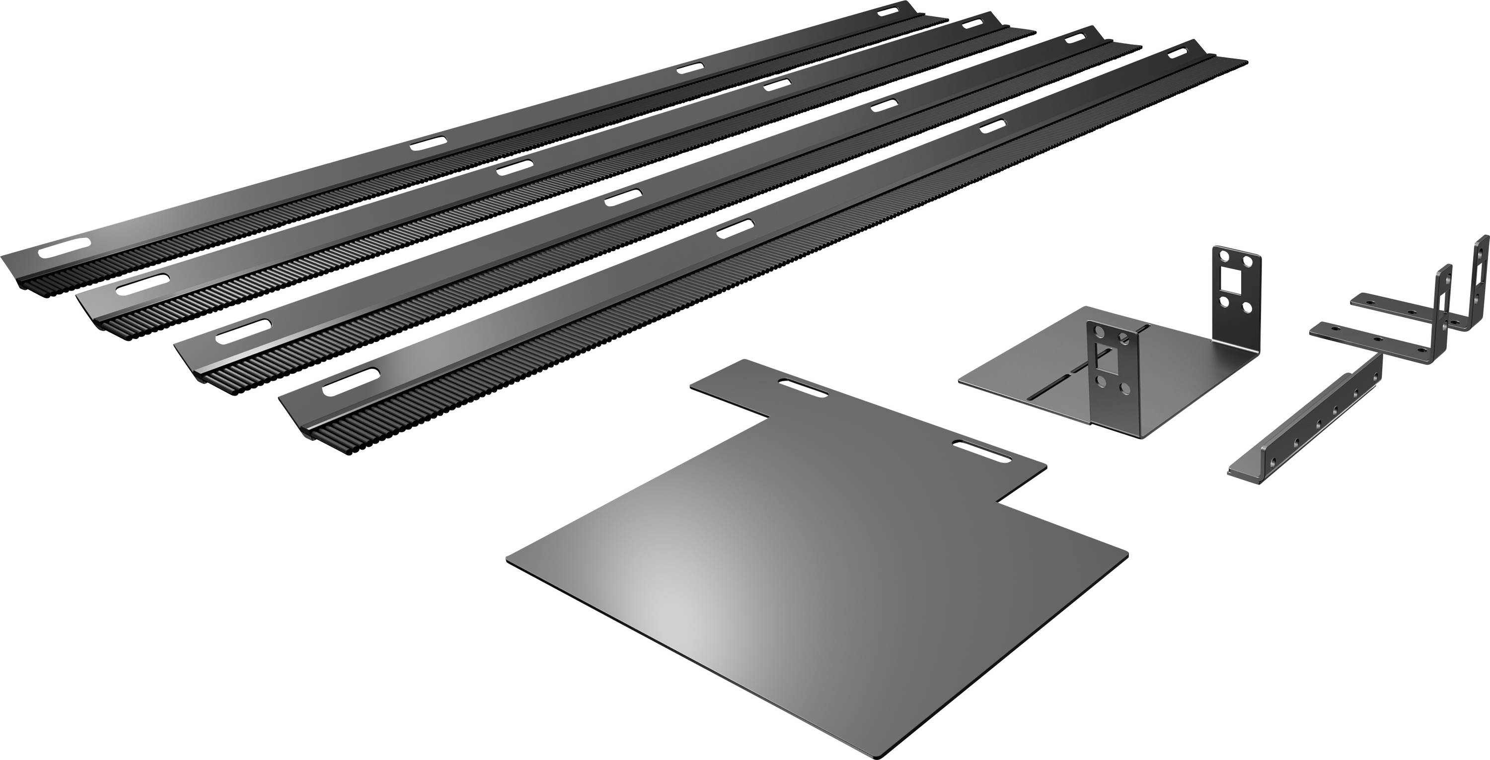 Satz von Montagekomponenten aus Metall, einschließlich langer Schienen, Platten und Winkelstücken, zur Befestigung.