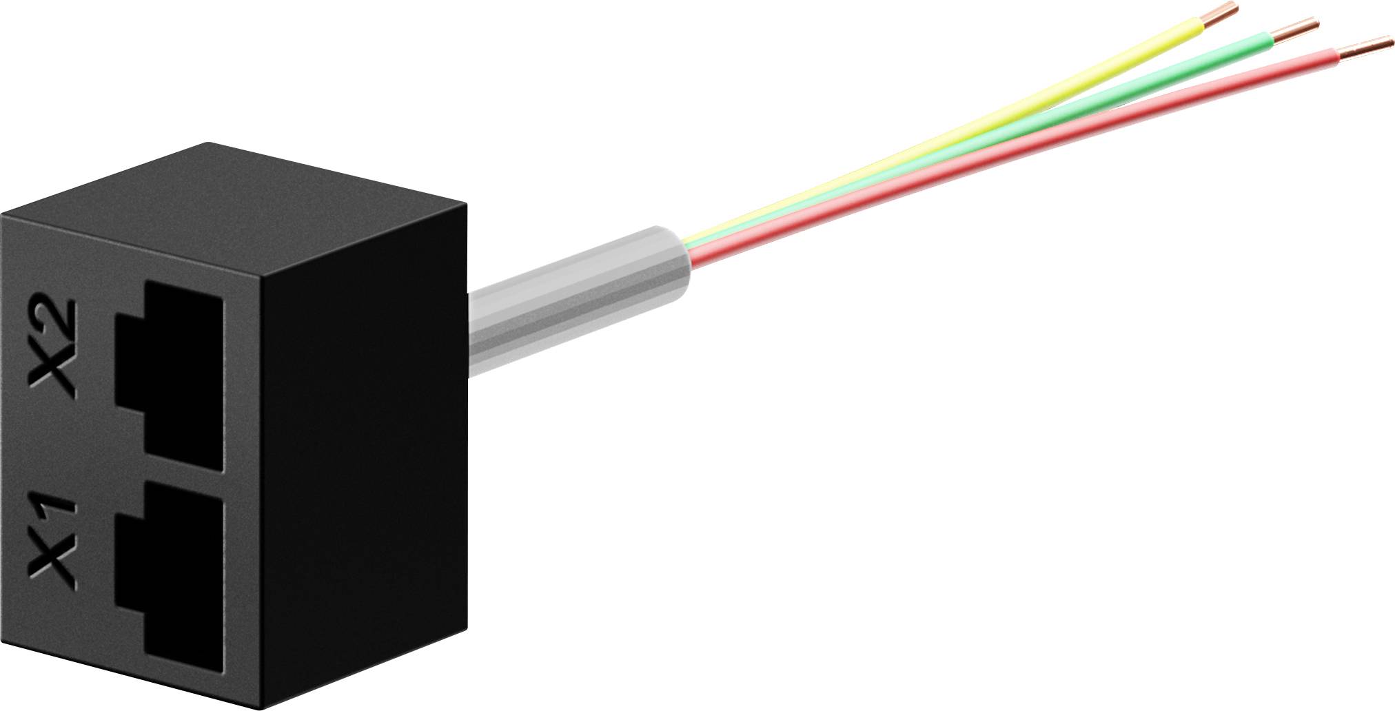 Ein schwarzer Anschlussblock mit zwei Ethernet-Ports, beschriftet mit 'X1' und 'X2'. Vier bunte Kabel sind angeschlossen.