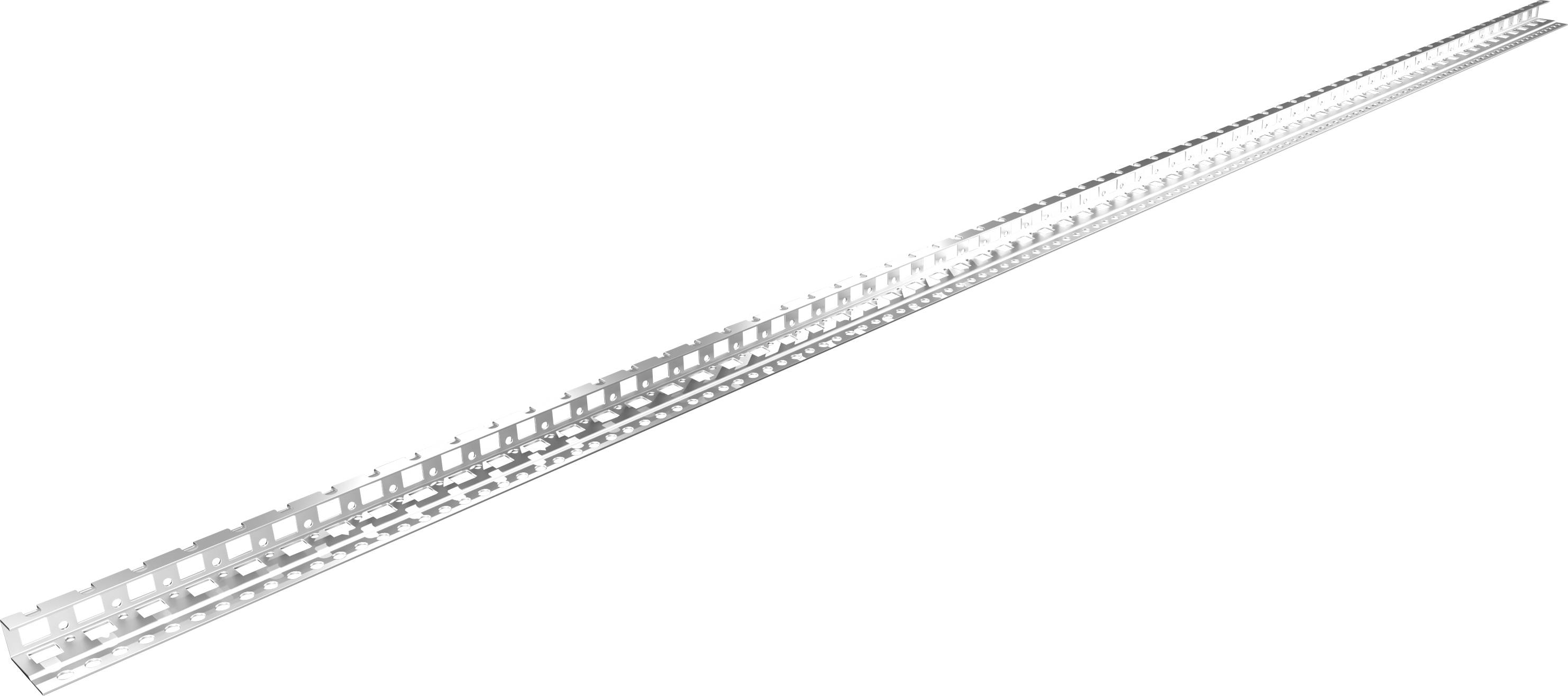 Ein langer, schmaler Metallstreifen mit regelmäßigen, rechteckigen Durchbrüchen entlang der gesamten Länge.