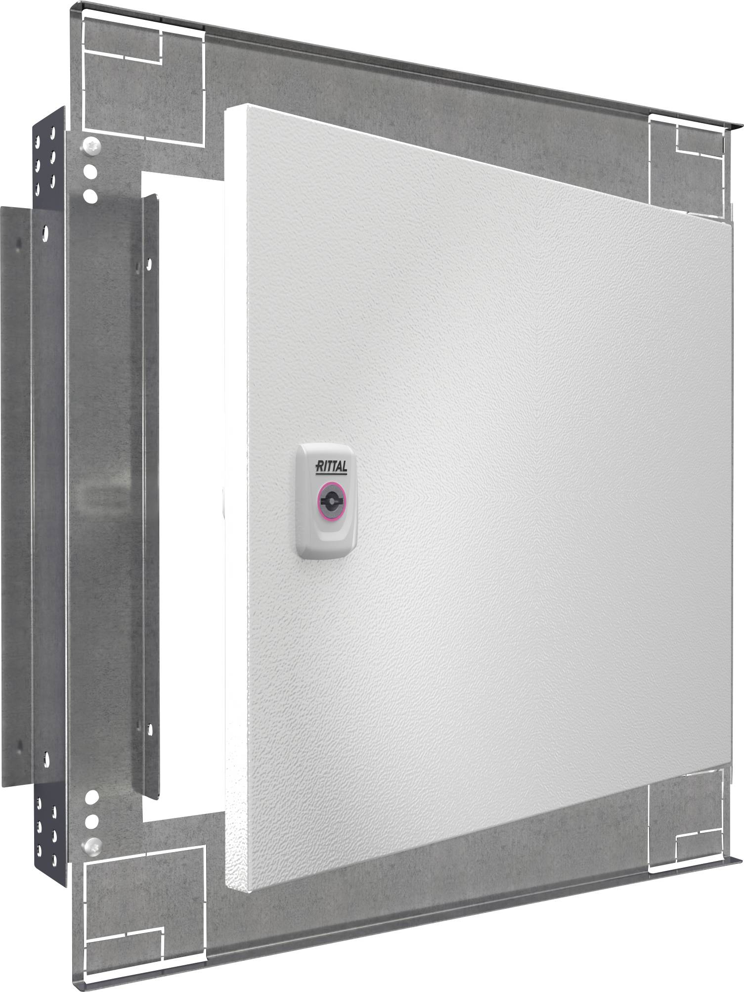 Metallischer Schaltschrank mit weißer Tür, zentralem Schließmechanismus und sichtbarem 'RITTAL' Logo, geeignet für technische Anwendungen.
